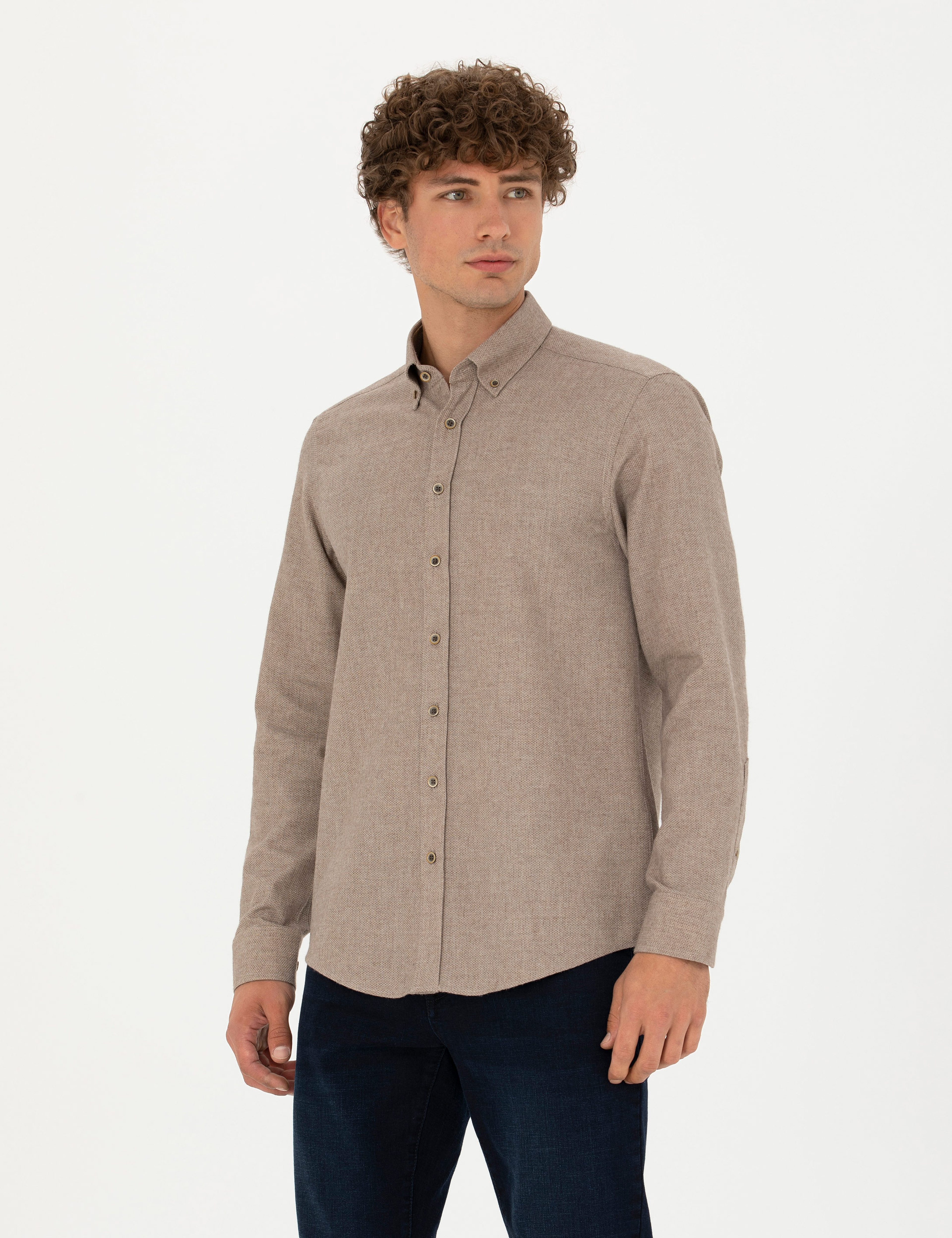 Bej Slim Fit Uzun Kollu Gömlek - Image 3