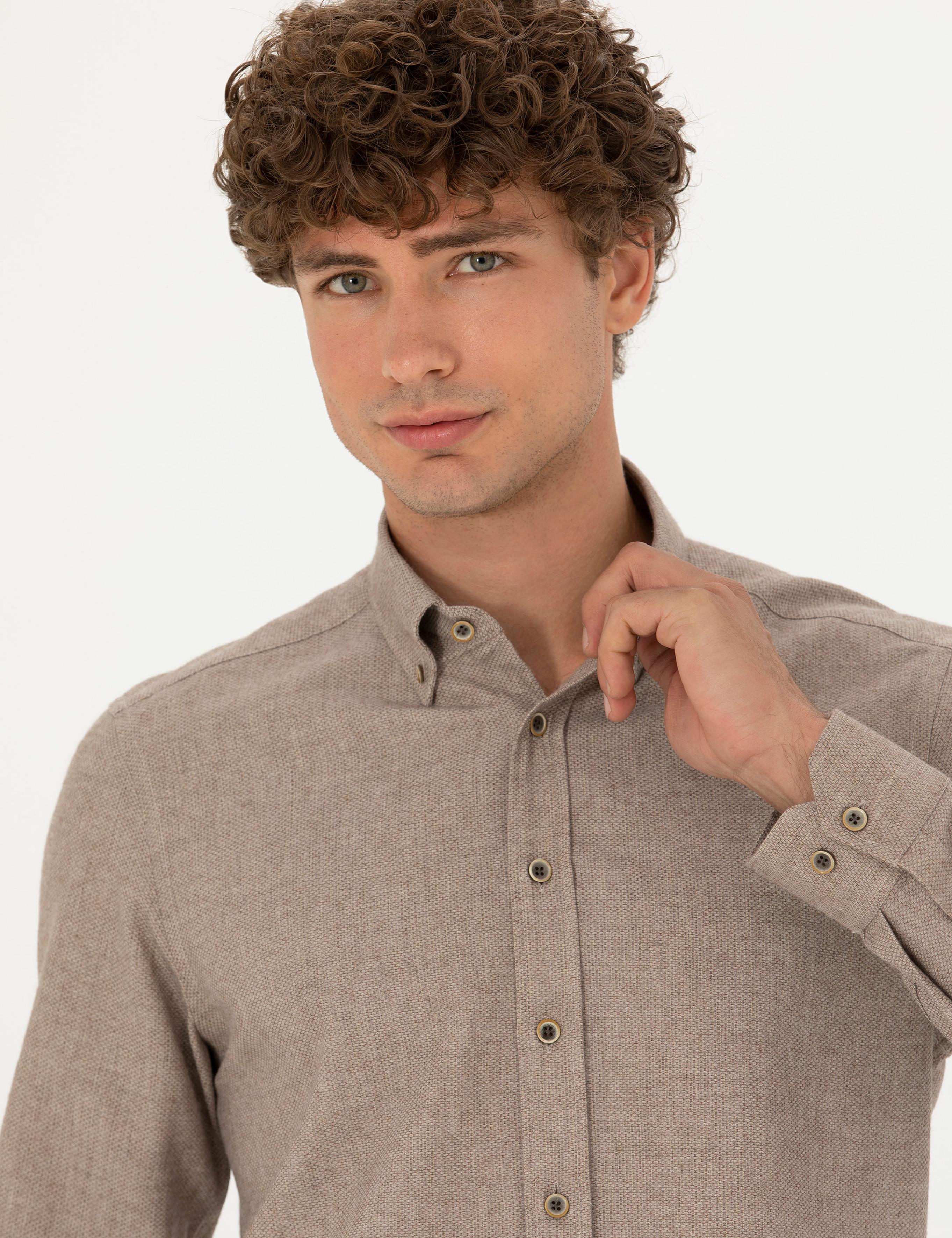 Bej Slim Fit Uzun Kollu Gömlek