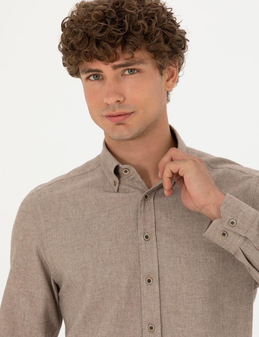 Bej Slim Fit Uzun Kollu Gömlek