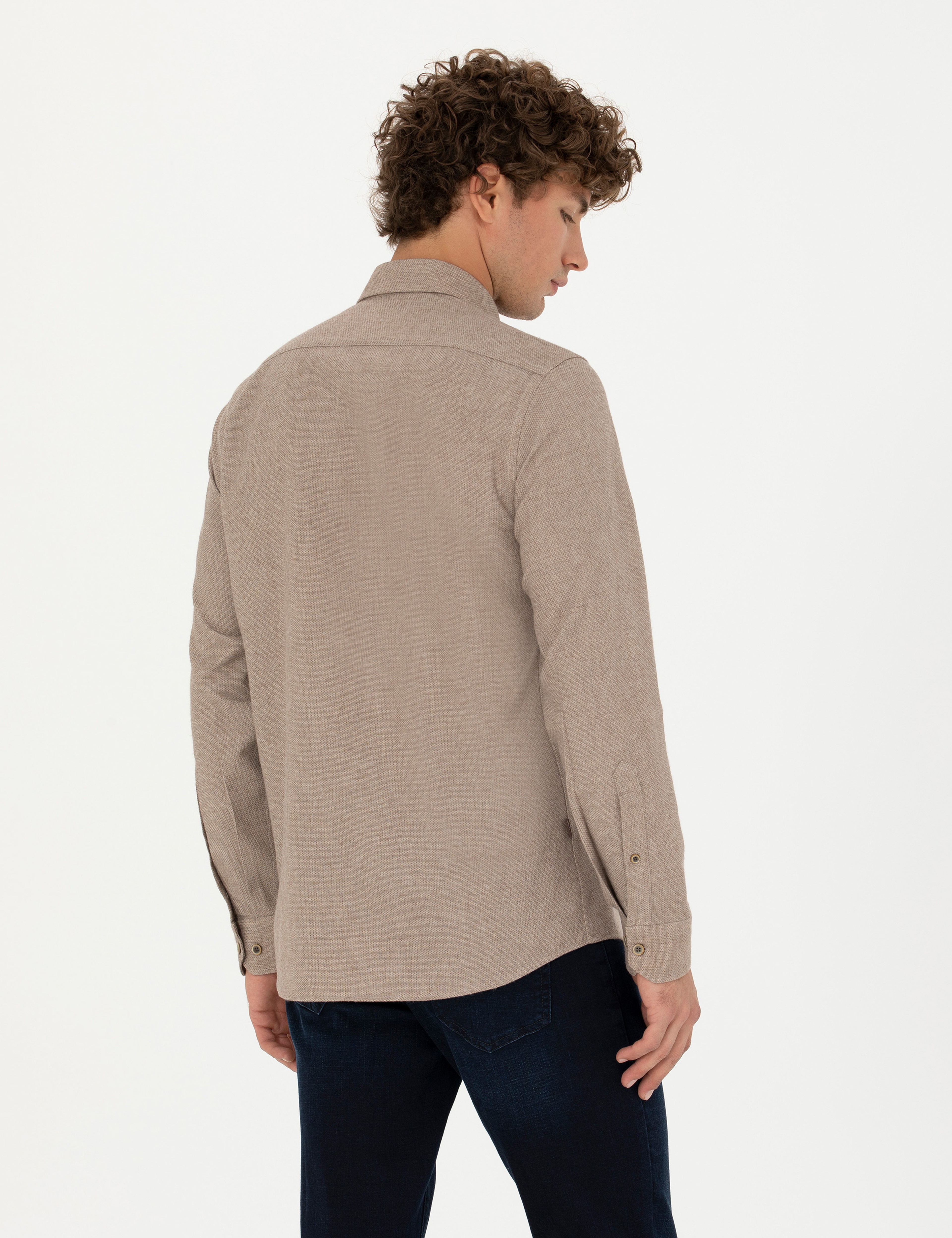 Bej Slim Fit Uzun Kollu Gömlek - Image 5
