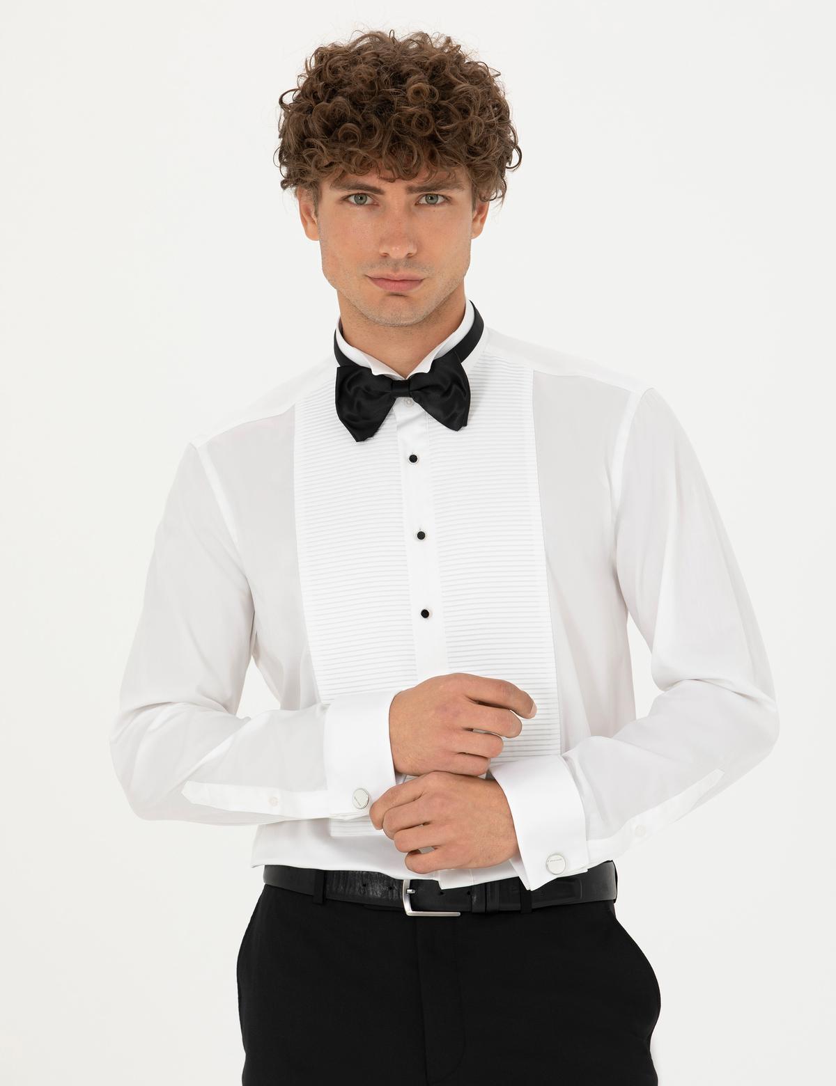 Beyaz Slim Fit Smokin Gömlek