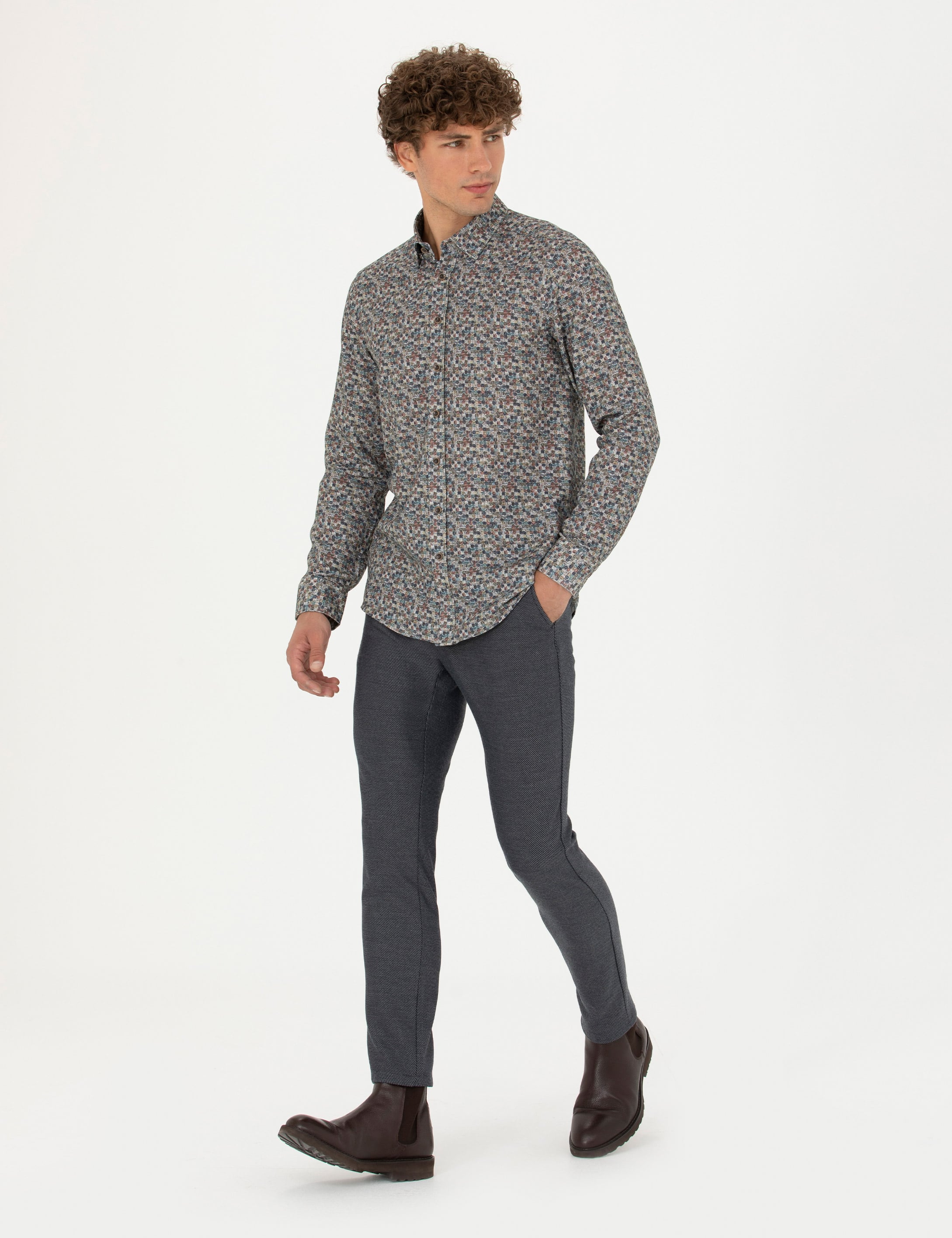 Petrol Slim Fit Uzun Kollu Gömlek