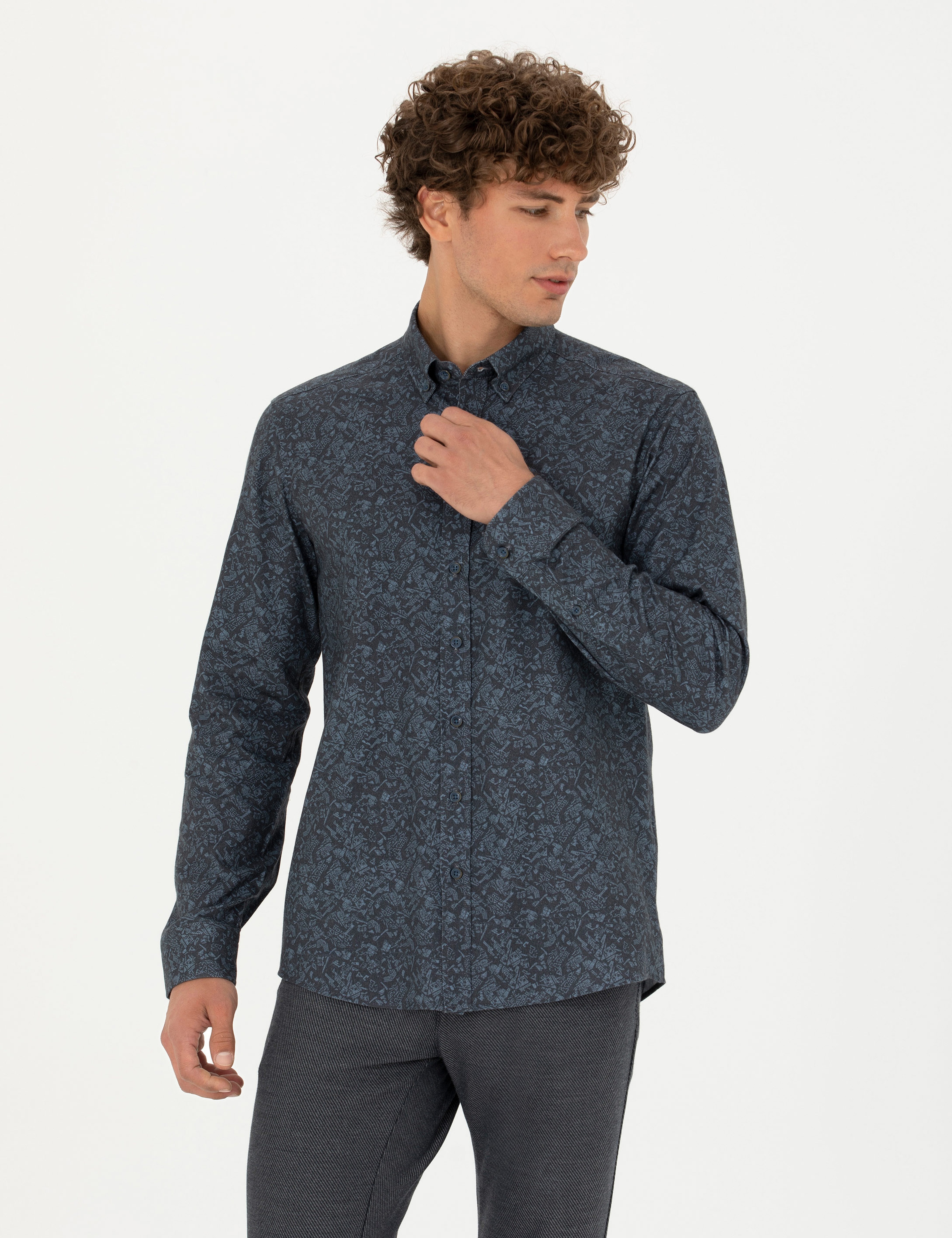 Lacivert Slim Fit Uzun Kollu Gömlek - Image 1