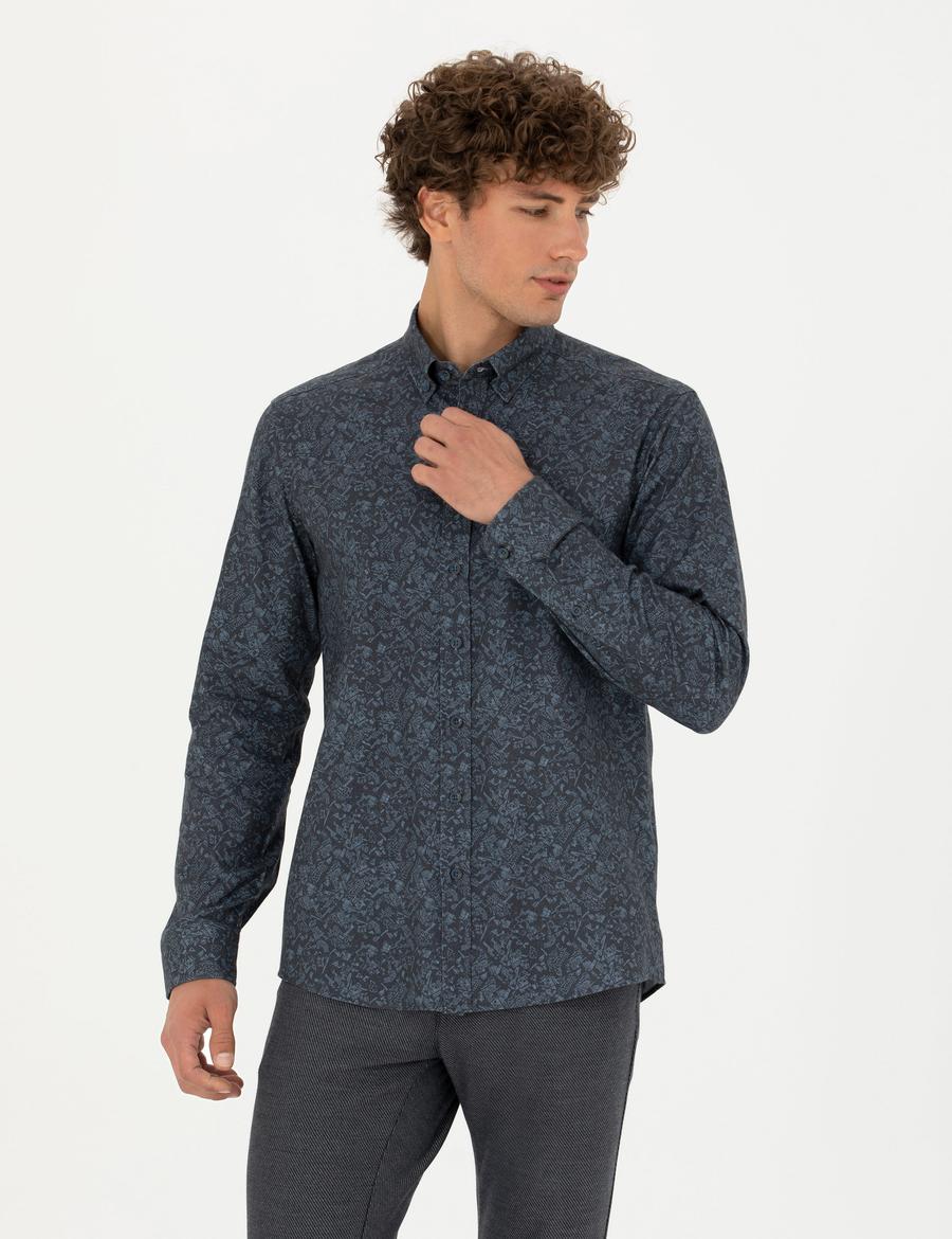 Lacivert Slim Fit Uzun Kollu Gömlek