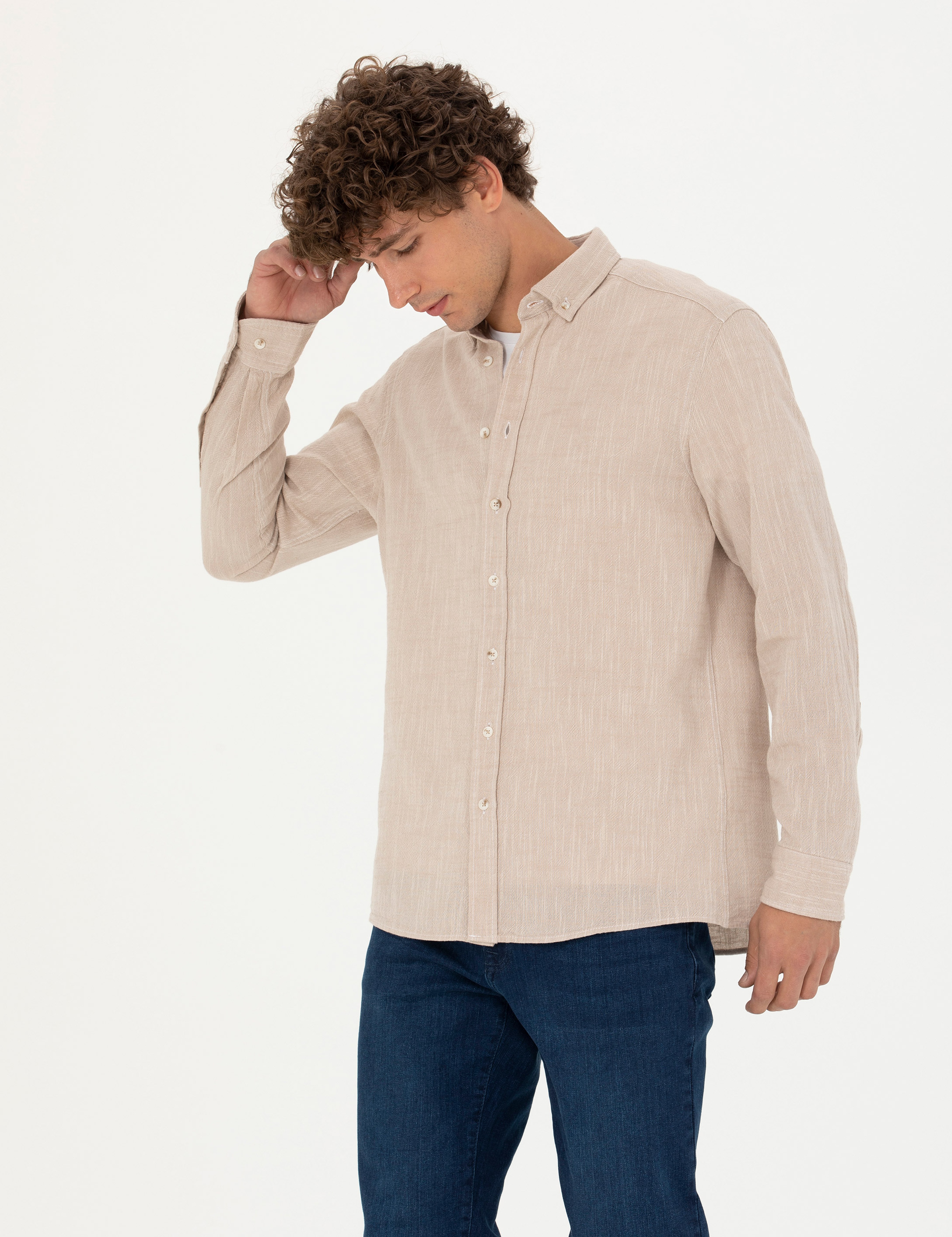 Bej Regular Fit Uzun Kollu Gömlek - Image 3