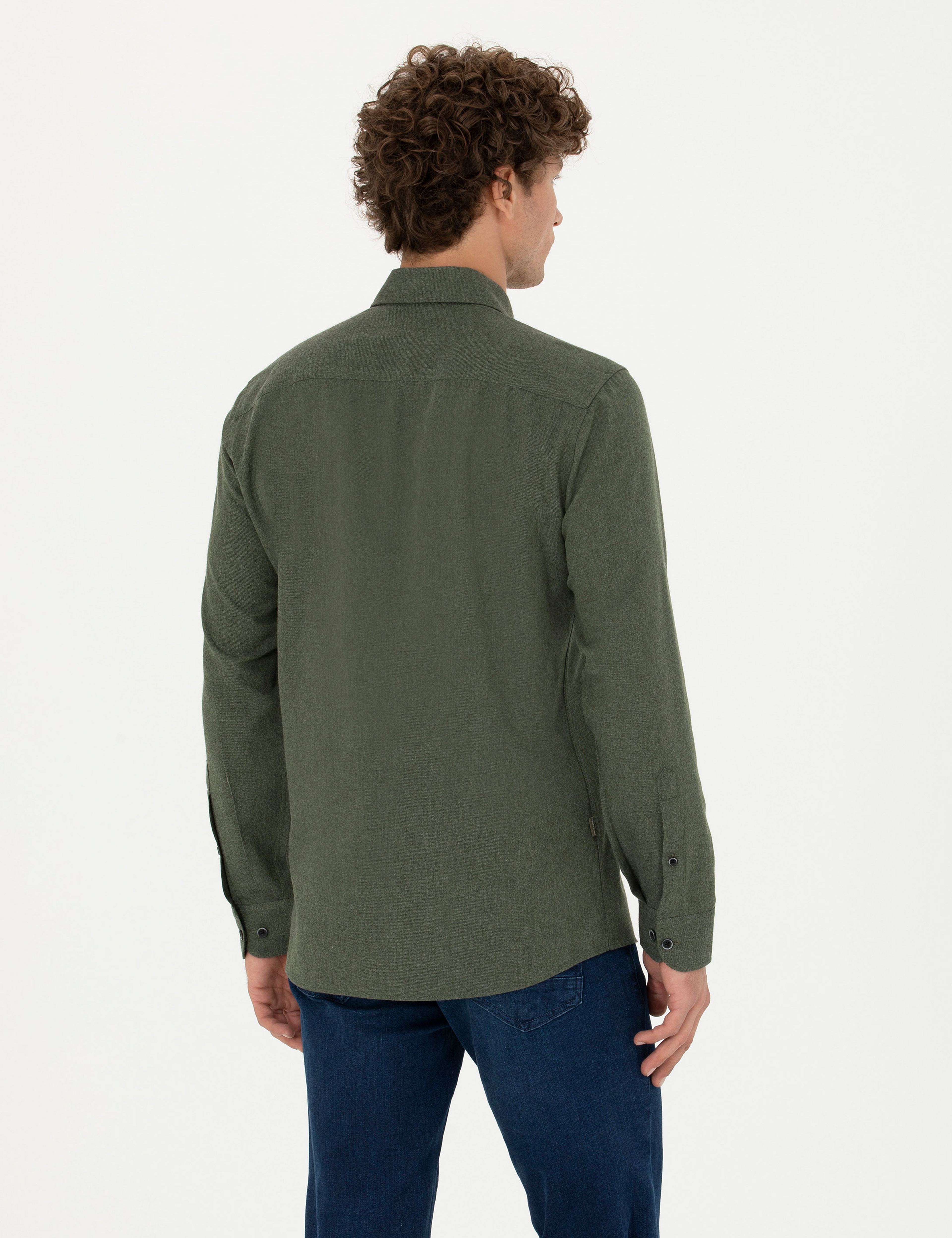 Haki Slim Fit Uzun Kollu Gömlek - Image 5