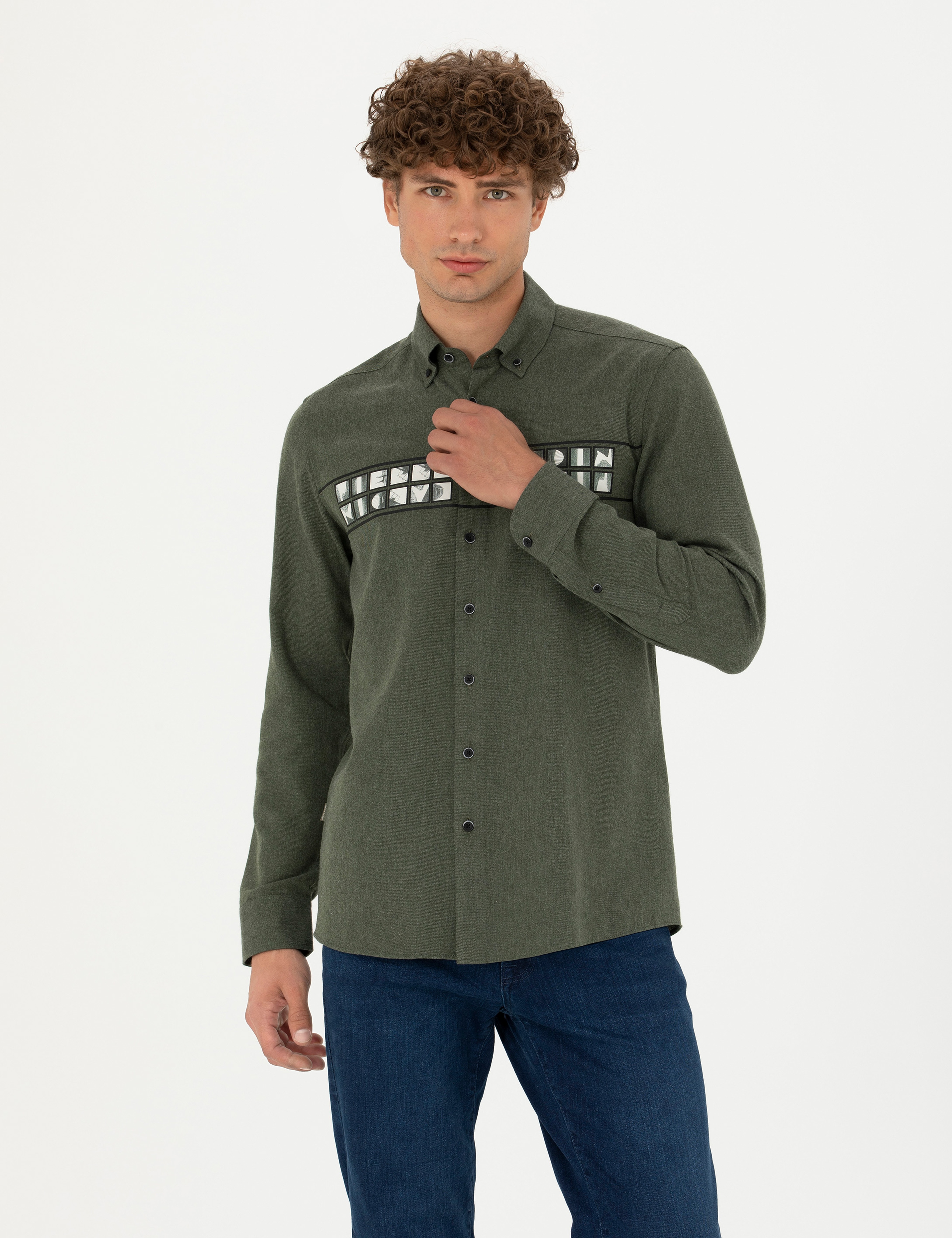 Haki Slim Fit Uzun Kollu Gömlek - Image 1