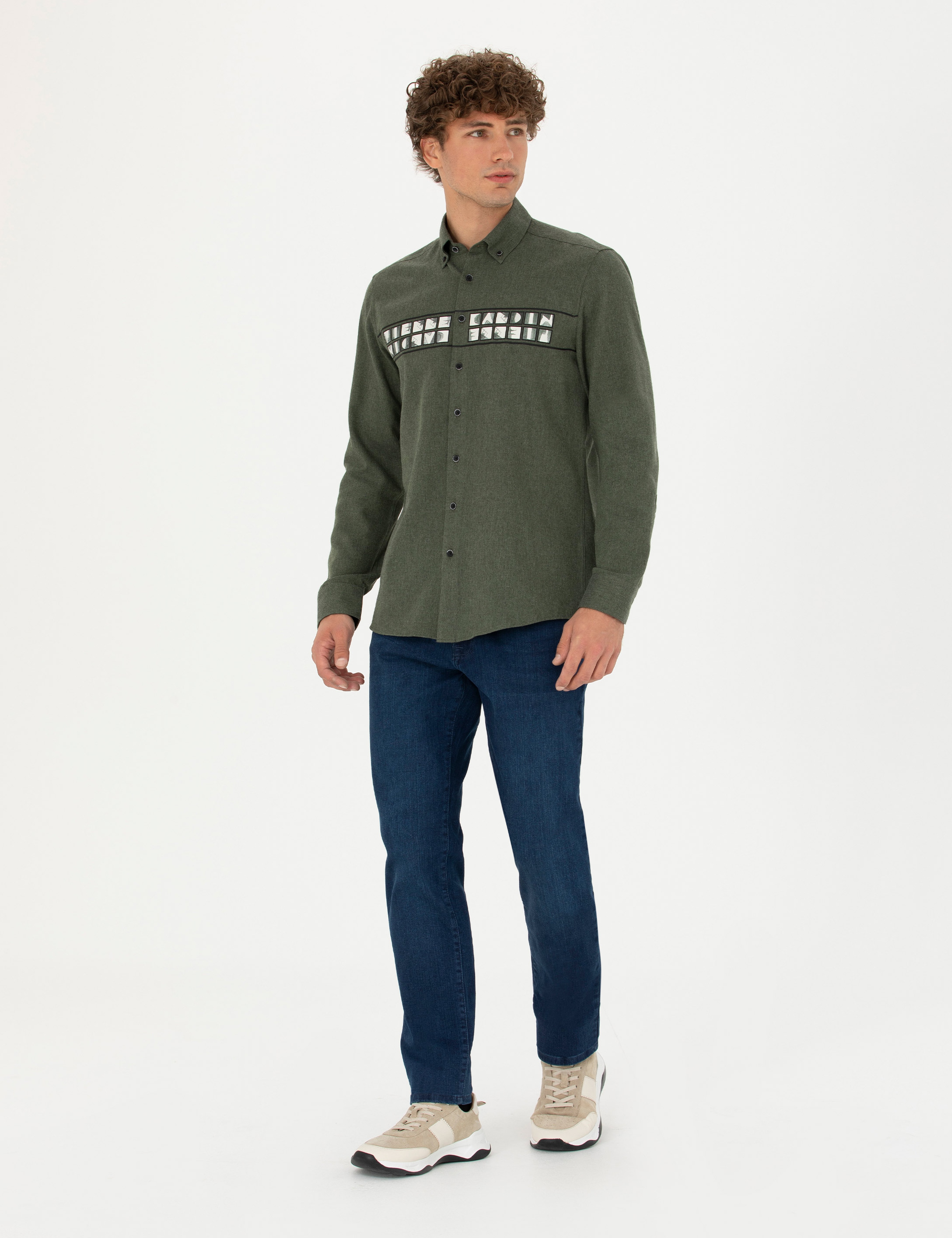 Haki Slim Fit Uzun Kollu Gömlek - Image 4