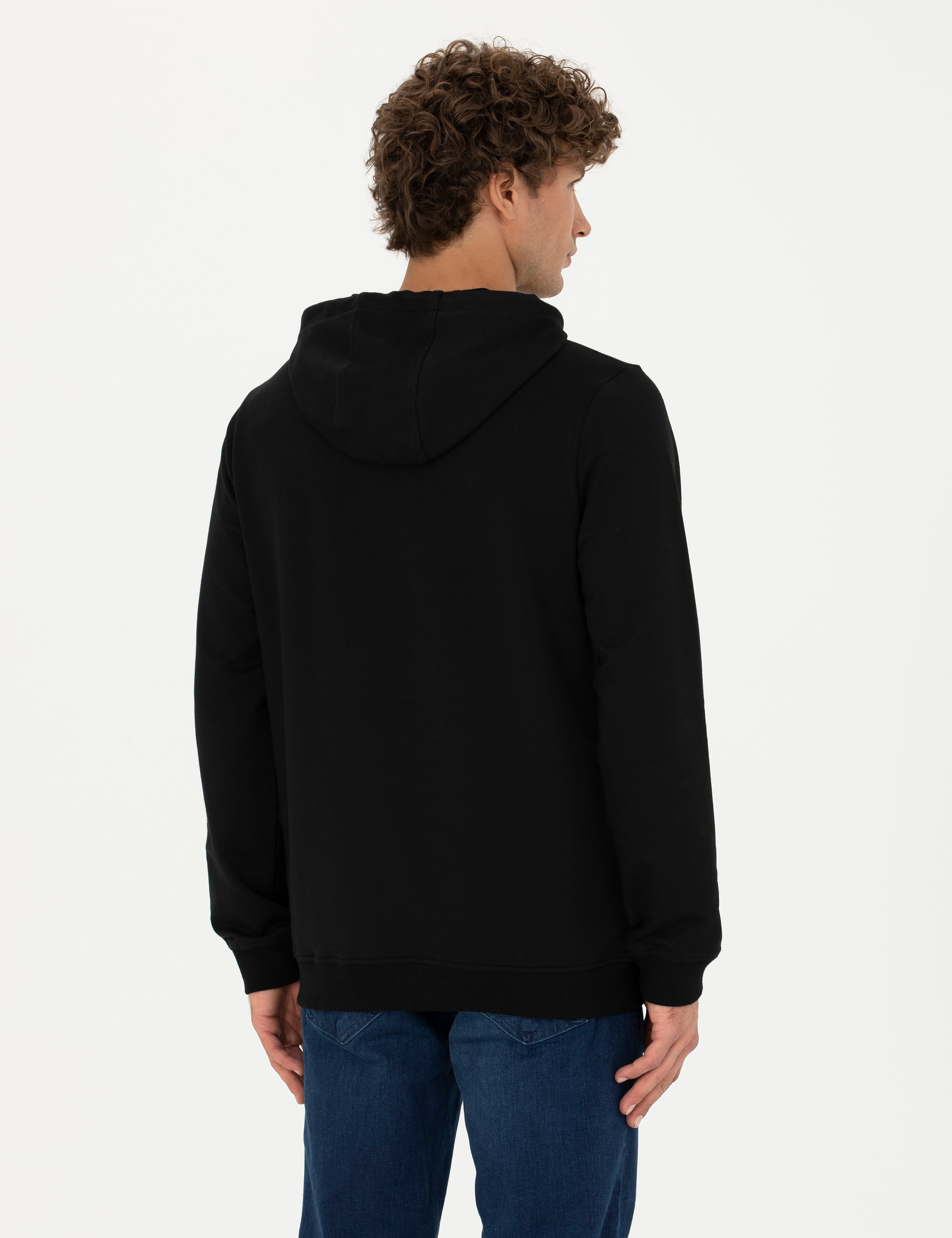 Siyah Regular Fit Kapüşonlu Sweatshirt - Image 5