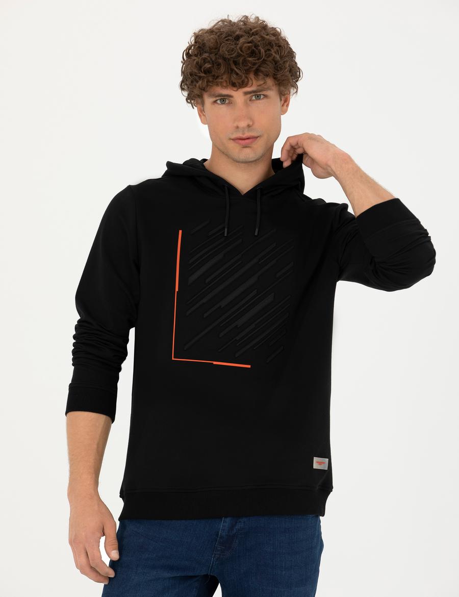 Siyah Regular Fit Kapüşonlu Sweatshirt