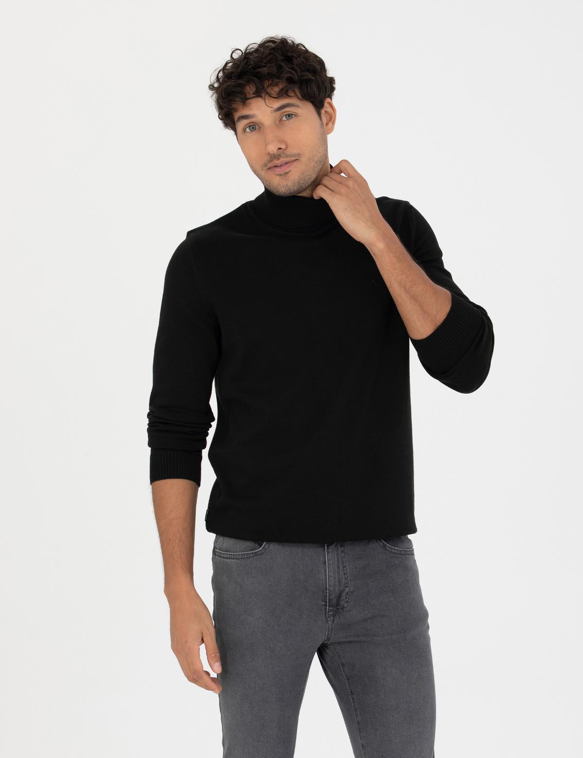 Siyah Slim Fit Balıkçı Yaka Basic Triko Kazak