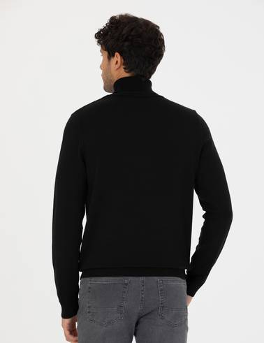 Siyah Slim Fit Balıkçı Yaka Basic Triko Kazak