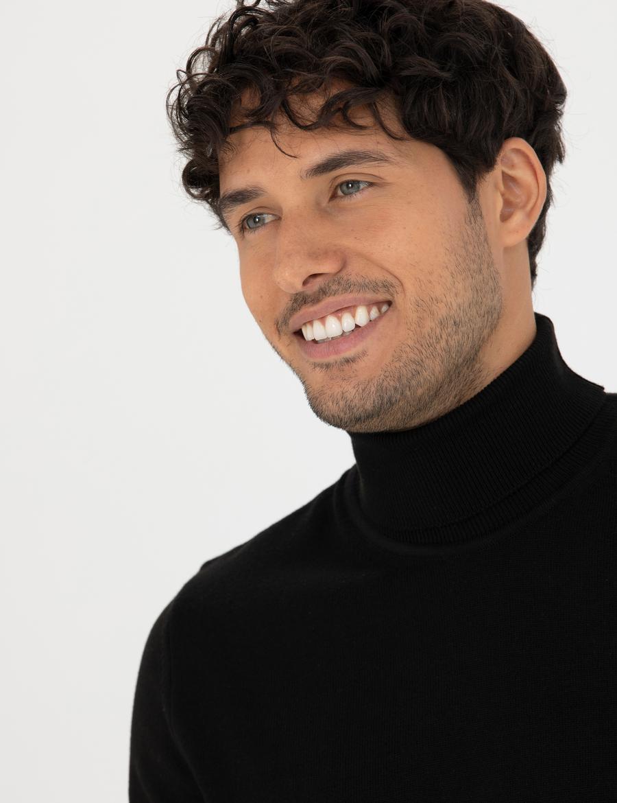 Siyah Slim Fit Balıkçı Yaka Basic Triko Kazak