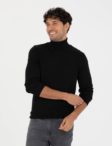Siyah Slim Fit Balıkçı Yaka Basic Triko Kazak