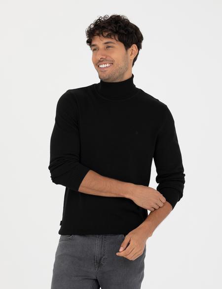 Siyah Slim Fit Balıkçı Yaka Basic Triko Kazak - 50276162013