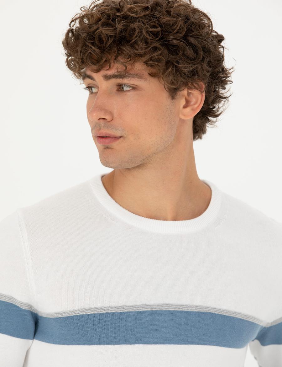 Ekru Slim Fit Bisiklet Yaka Triko Kazak