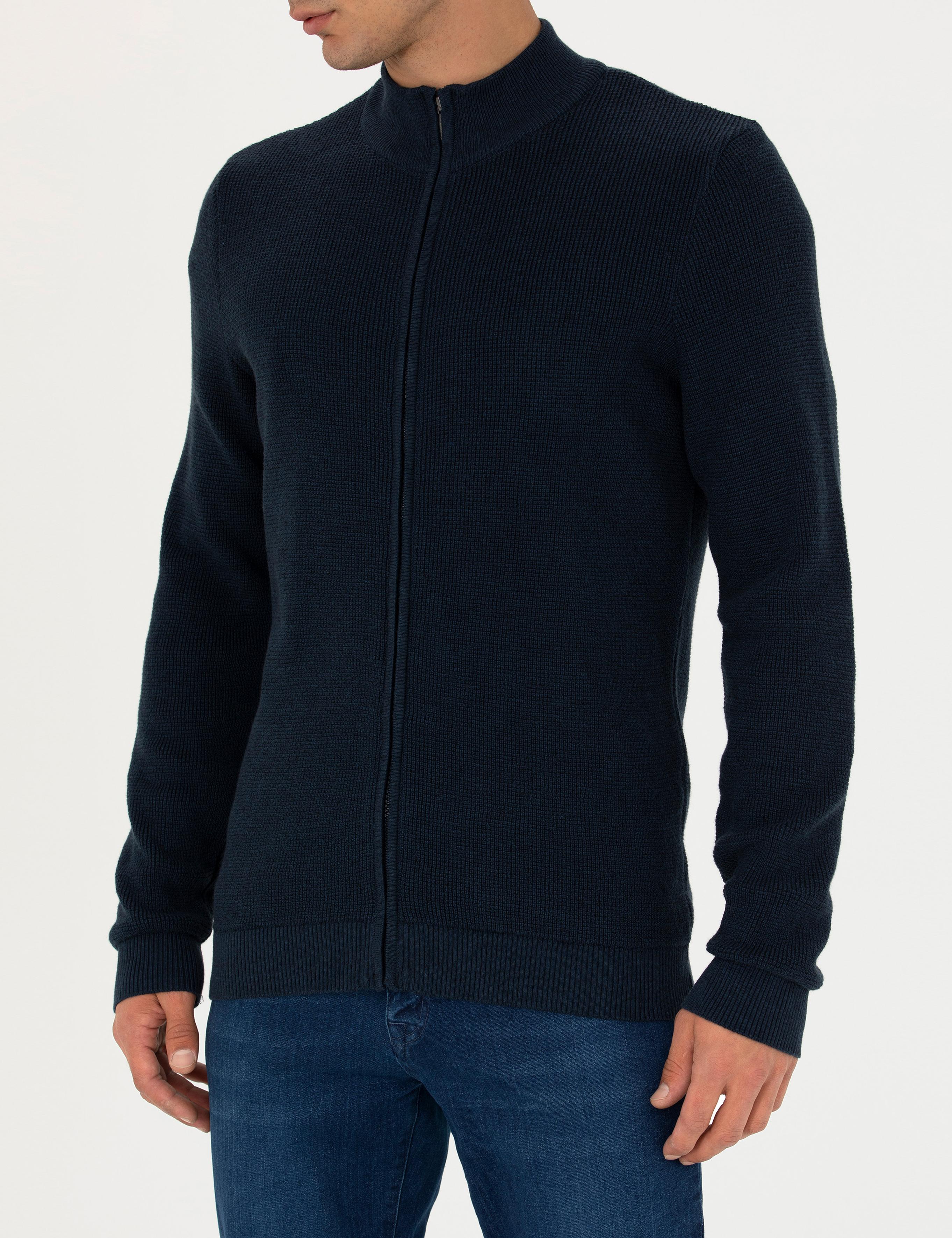 Lacivert Melanj Slim Fit Fermuarlı Triko Hırka