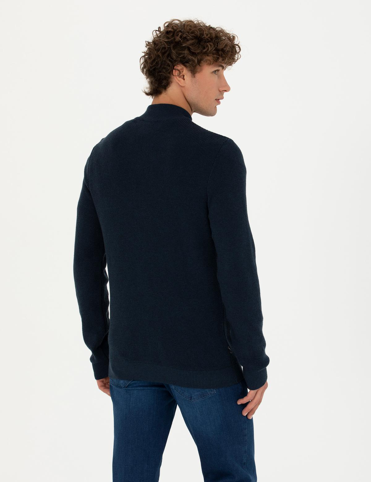 Lacivert Melanj Slim Fit Fermuarlı Triko Hırka - 50278100001