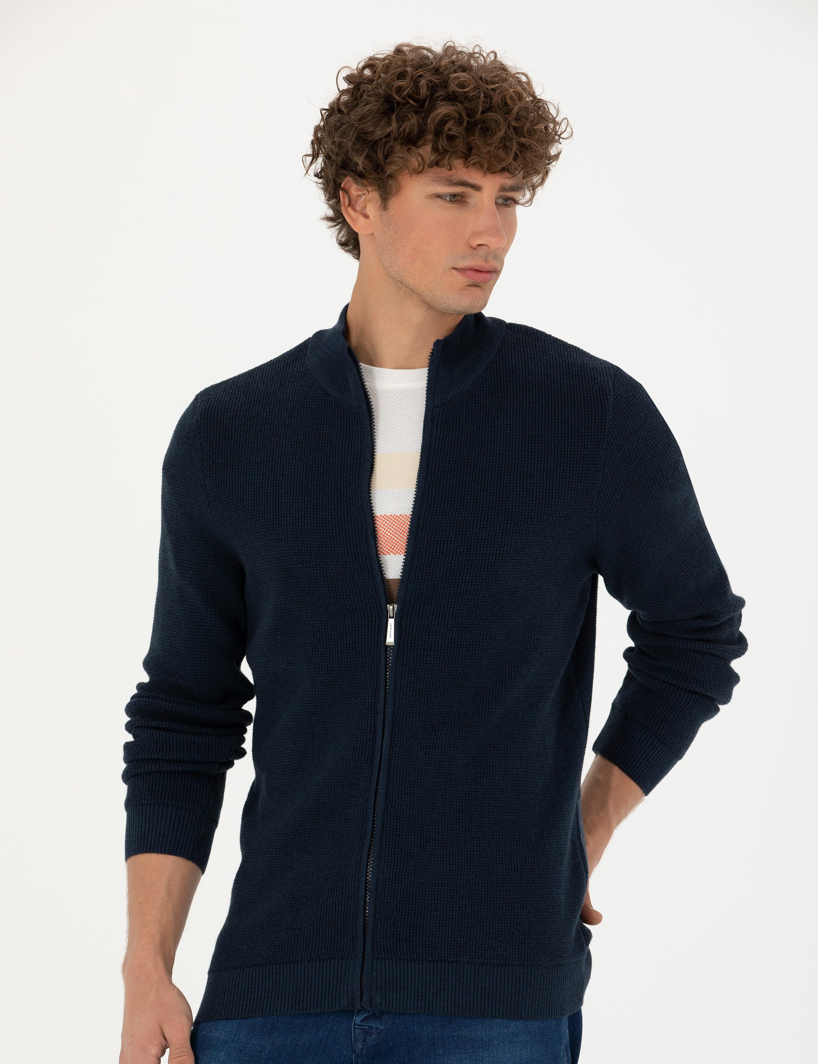 Lacivert Melanj Slim Fit Fermuarlı Triko Hırka