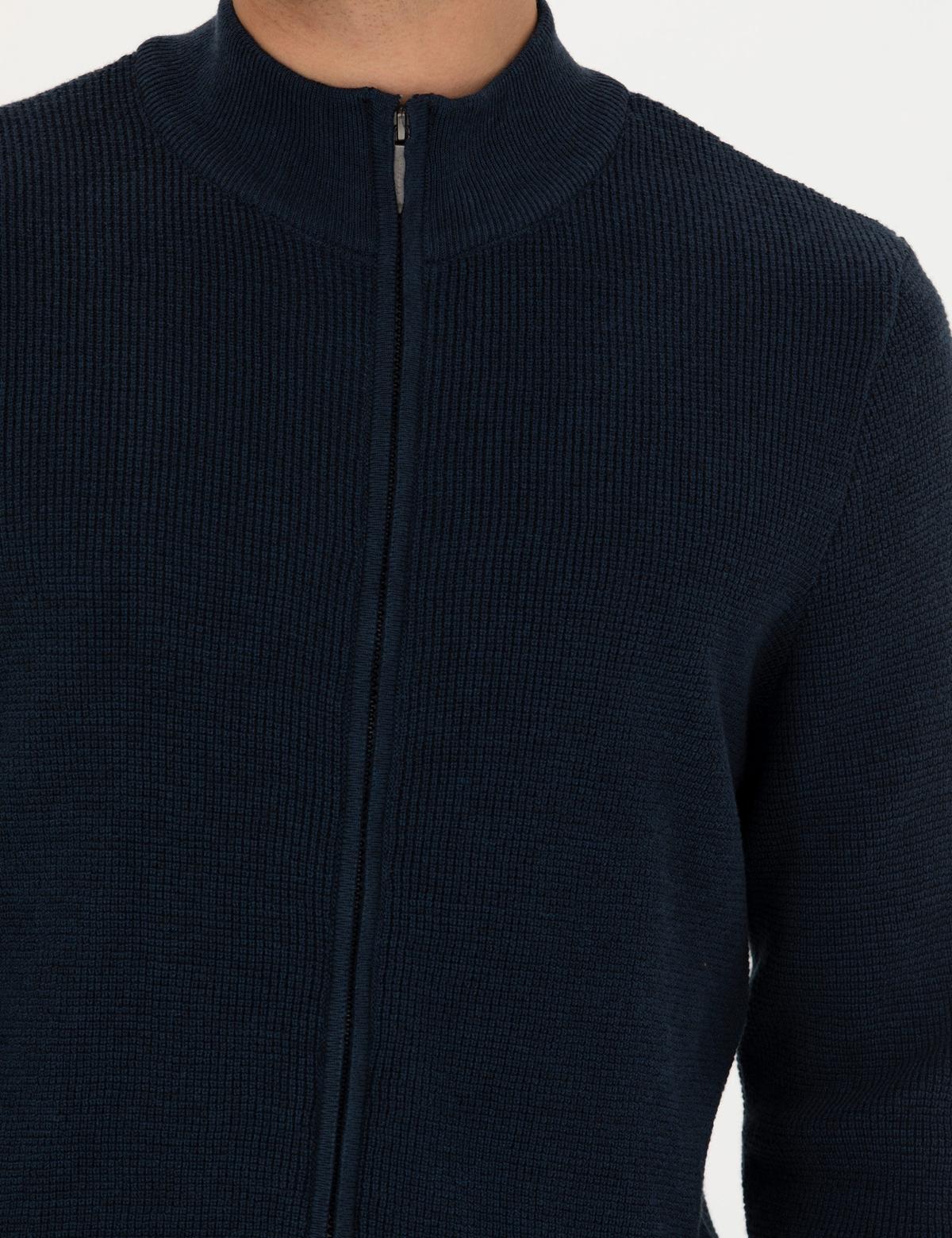 Lacivert Melanj Slim Fit Fermuarlı Triko Hırka - 50278100001