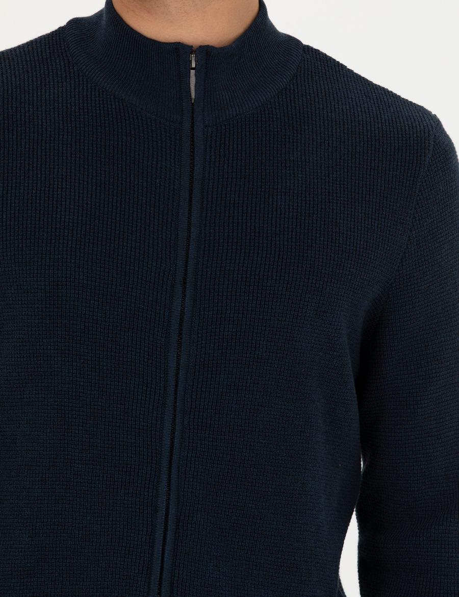 Lacivert Melanj Slim Fit Fermuarlı Triko Hırka