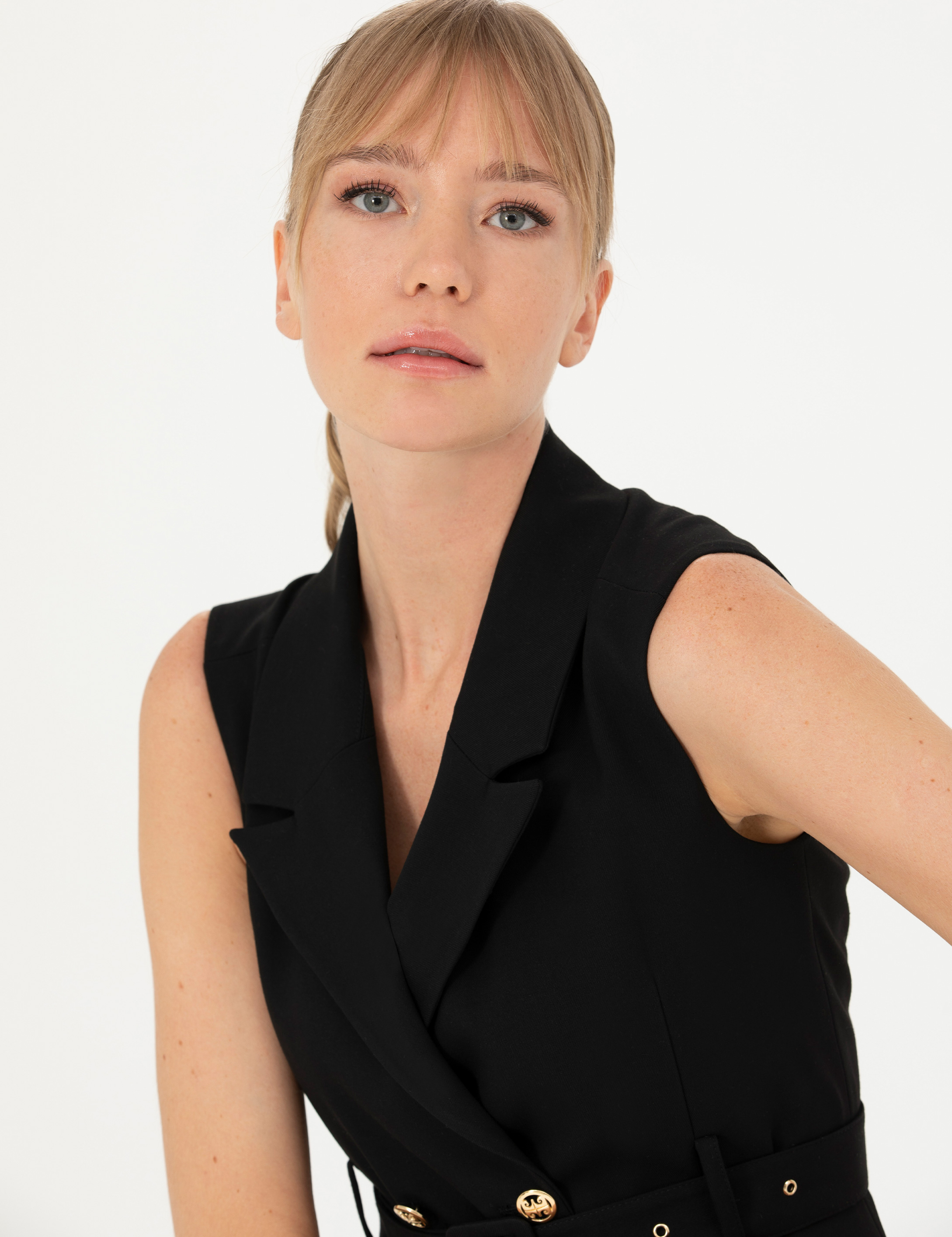Siyah Slim Fit Dokuma Elbise - Image 4