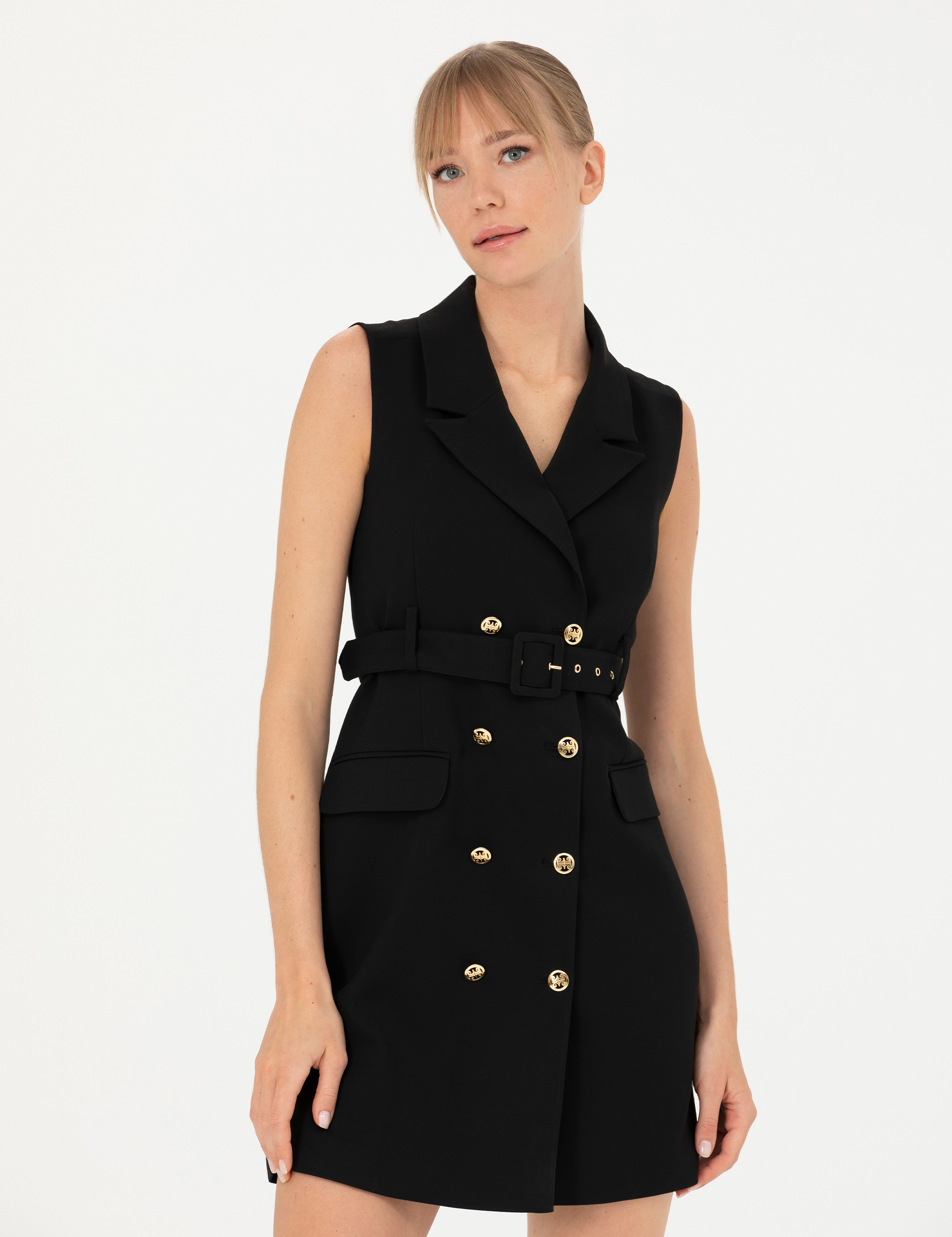Siyah Slim Fit Dokuma Elbise - Image 2