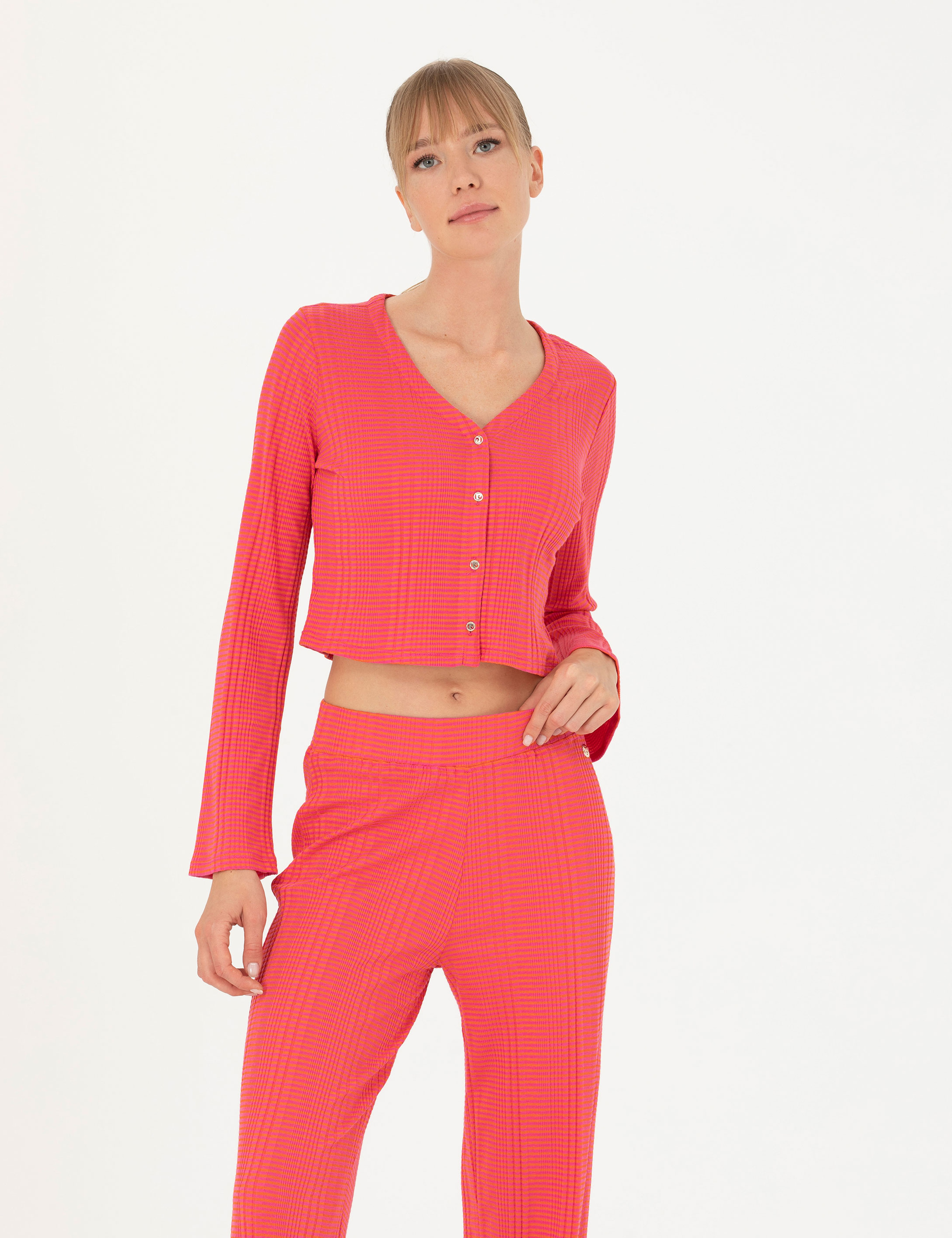 Fuşya Crop Top Örme Hırka - Image 2