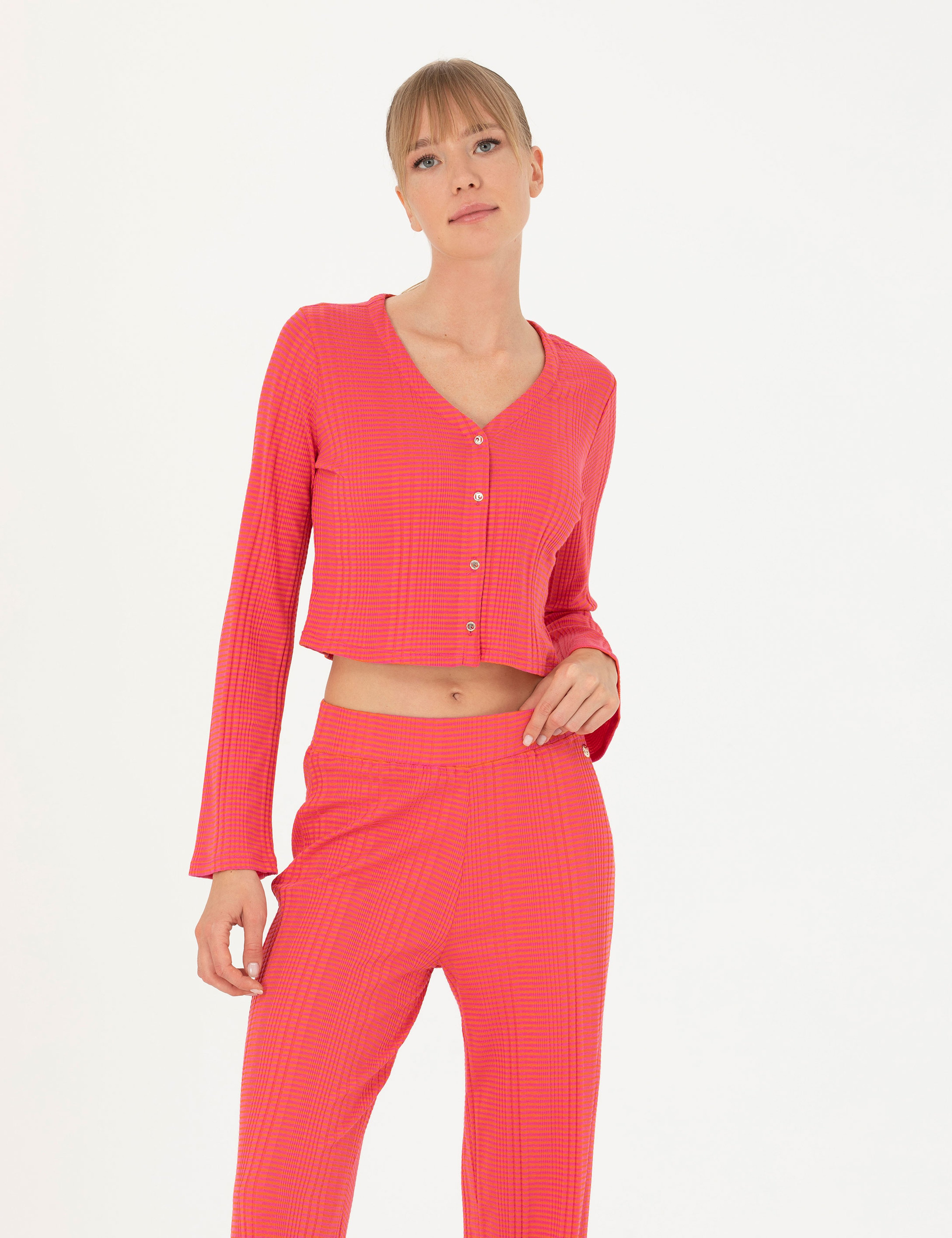 Fuşya Crop Top Örme Hırka