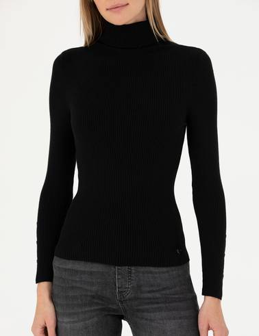 Siyah Extra Slim Fit Balıkçı Yaka Basic Kazak
