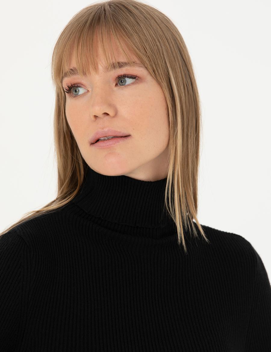 Siyah Ex. Slim Fit Balıkçı Yaka Basic Kazak