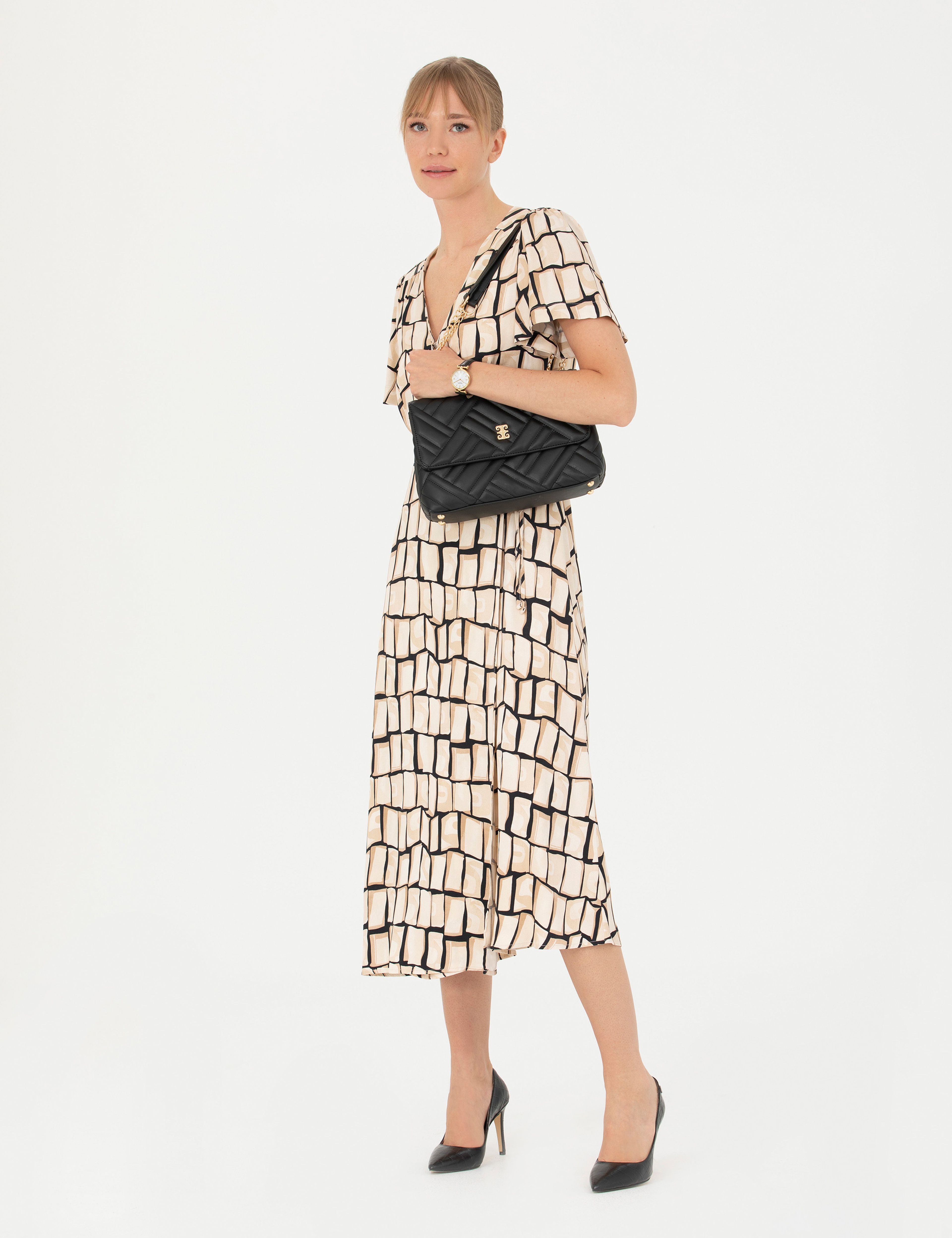 Siyah Regular Fit Dokuma Elbise - Image 3