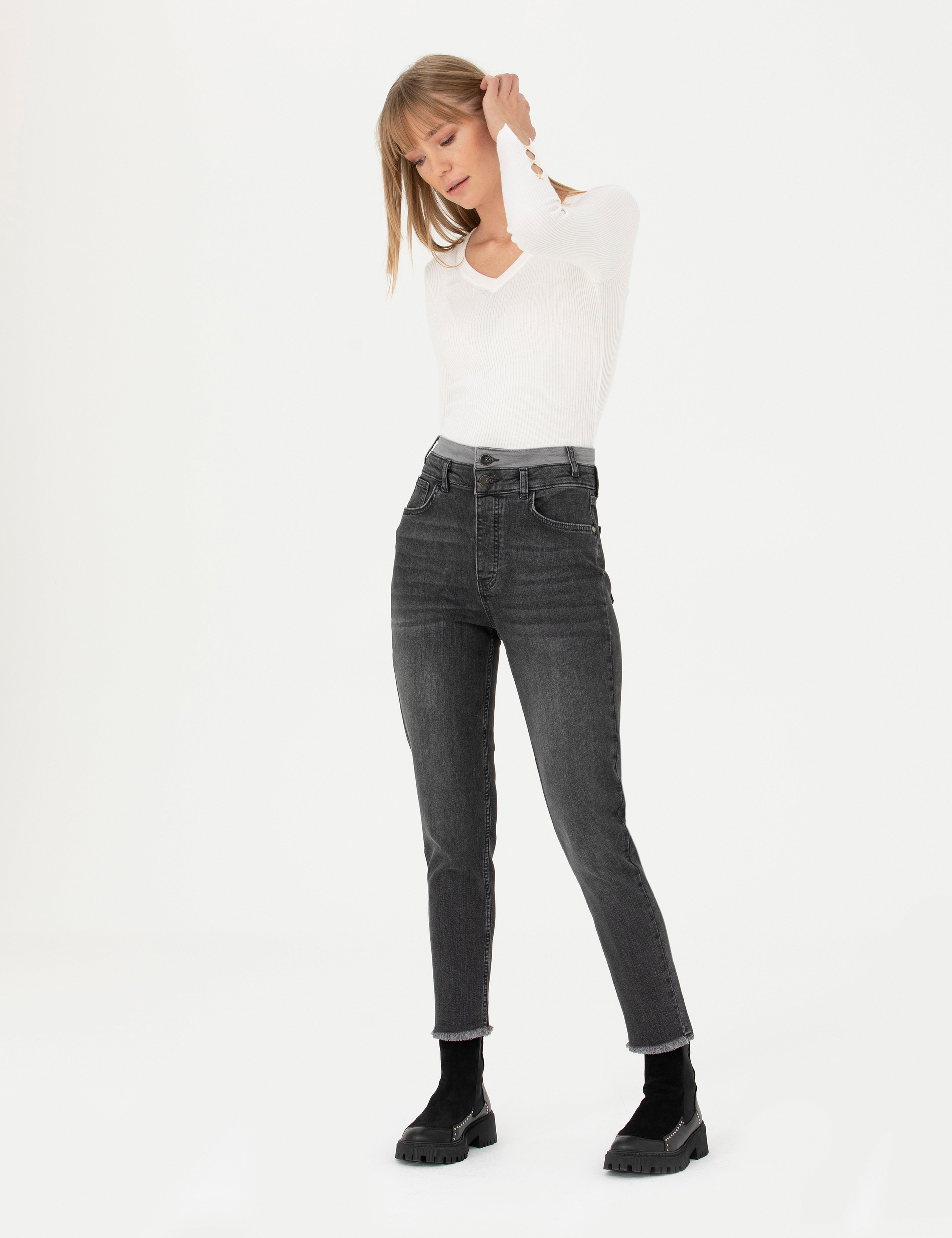 Antrasit Mom High Waist Fit Jean Pantolon