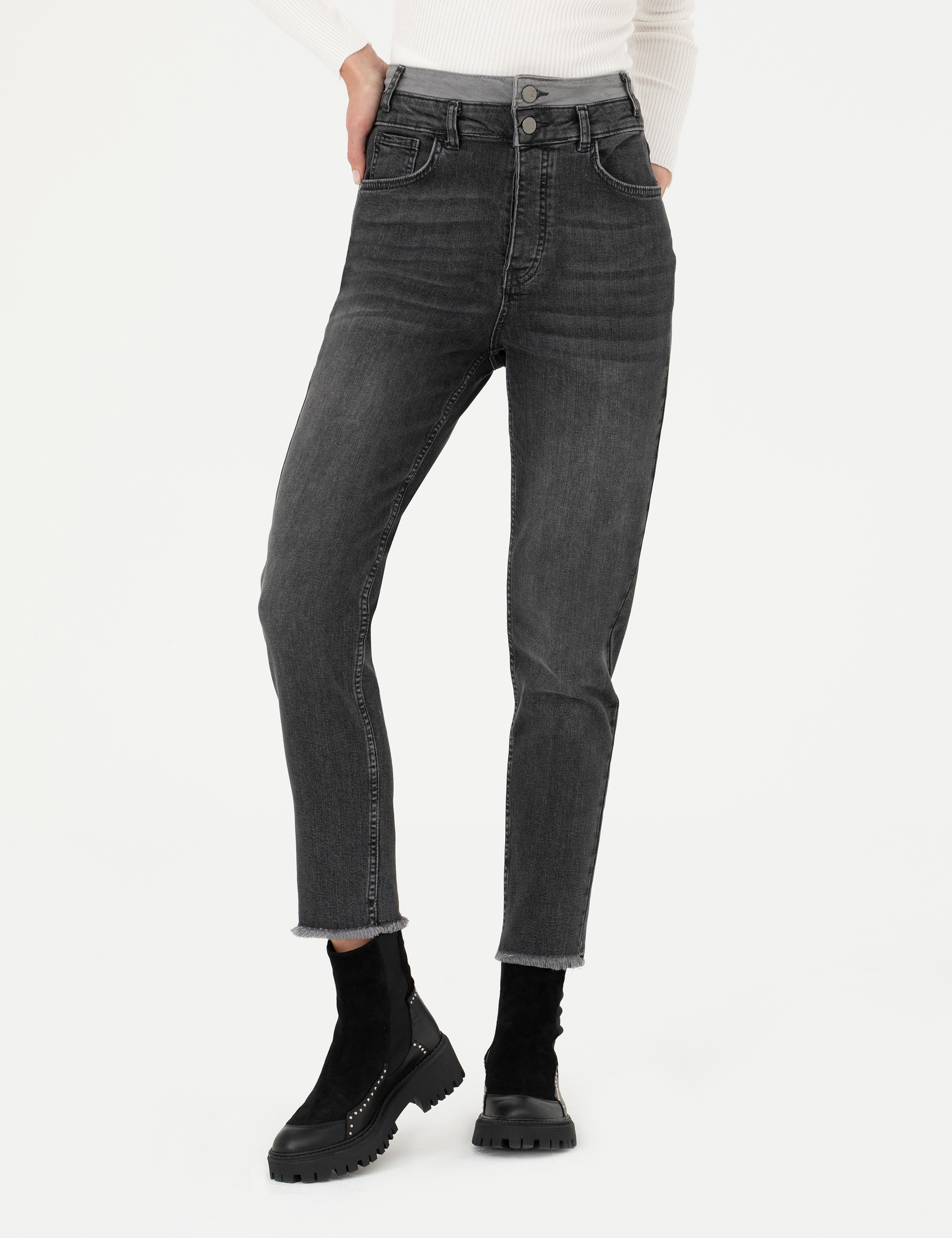 Antrasit Mom High Waist Fit Jean Pantolon
