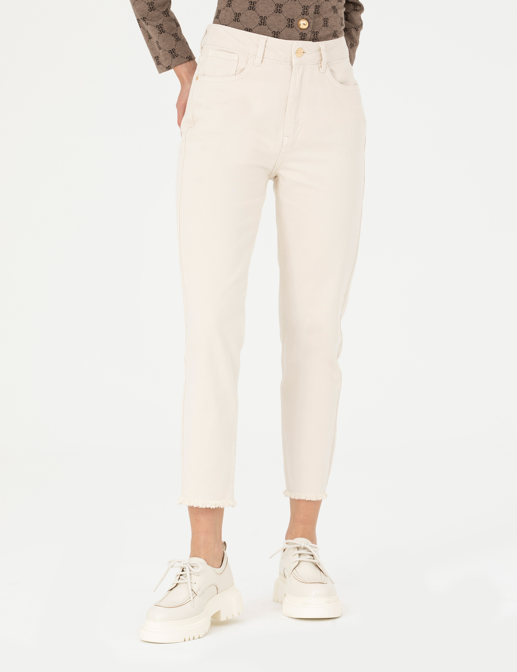 Pierre Cardin Krem Mom Fit Jean Pantolon görsel 2