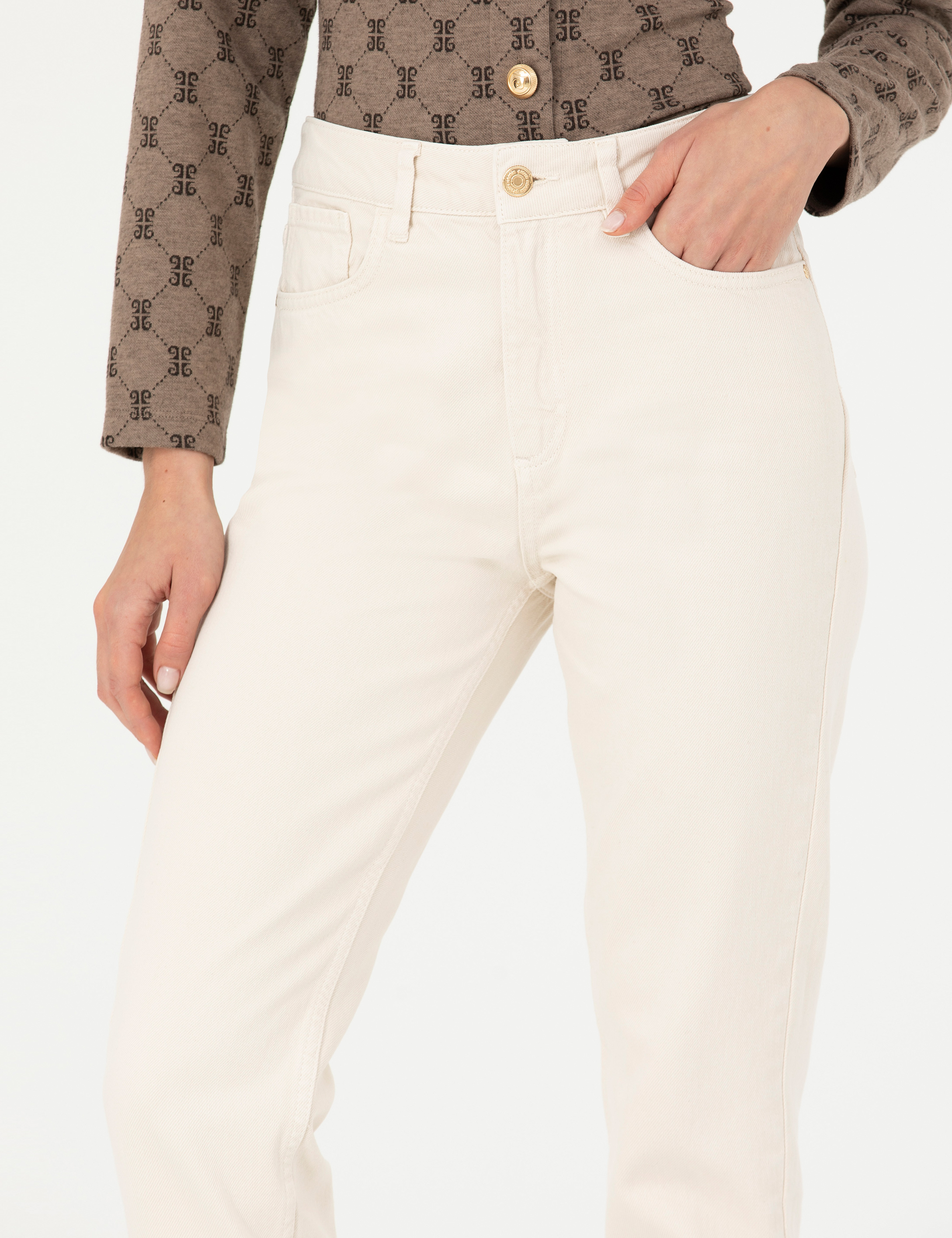 Pierre Cardin Krem Mom Fit Jean Pantolon görsel 6