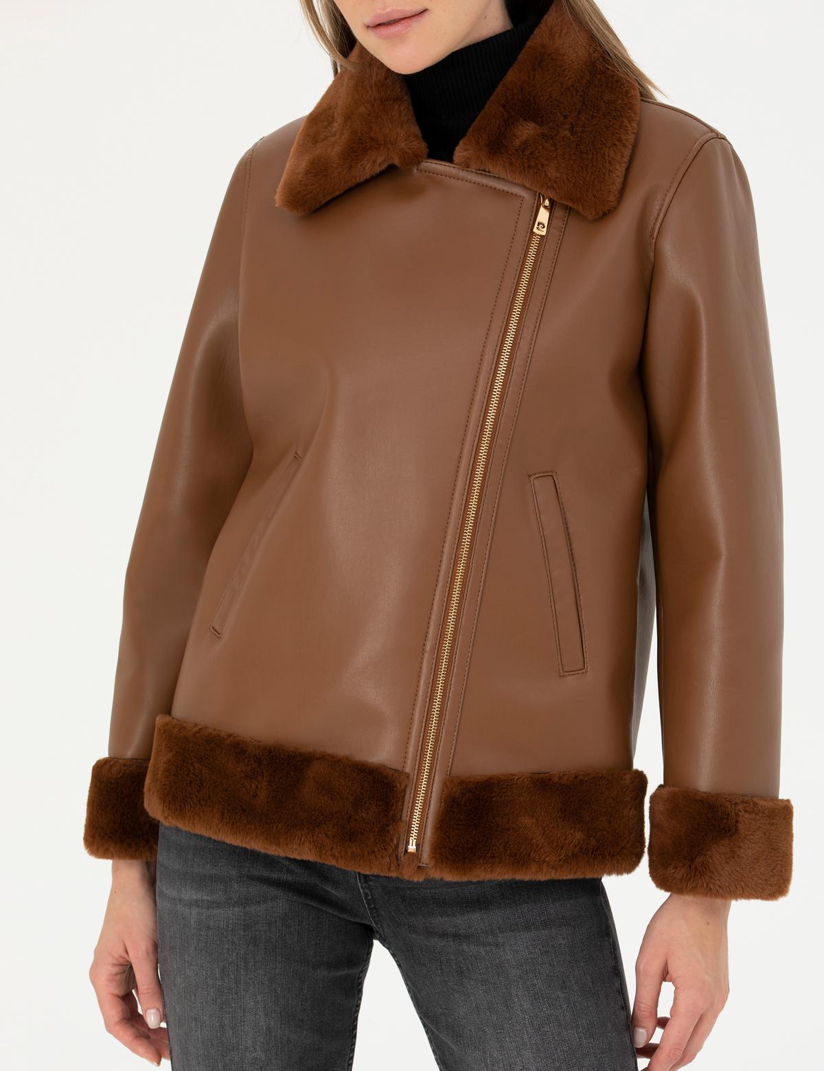 Kahverengi Regular Fit Suni Deri Ceket - 50273583026