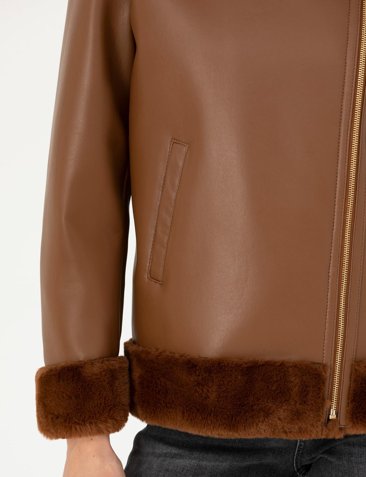 Kahverengi Regular Fit Suni Deri Ceket - 50273583026