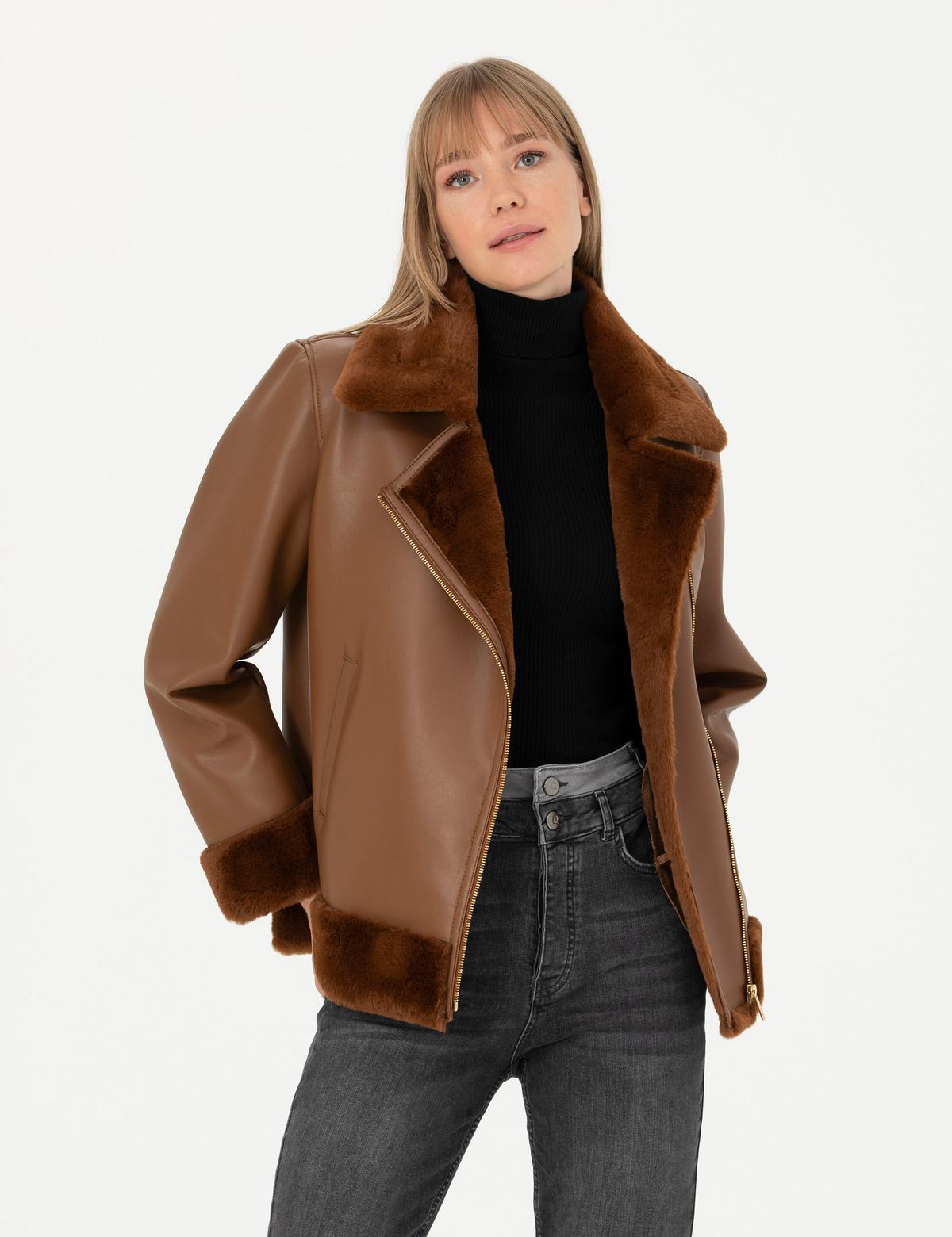 Kahverengi Regular Fit Suni Deri Ceket