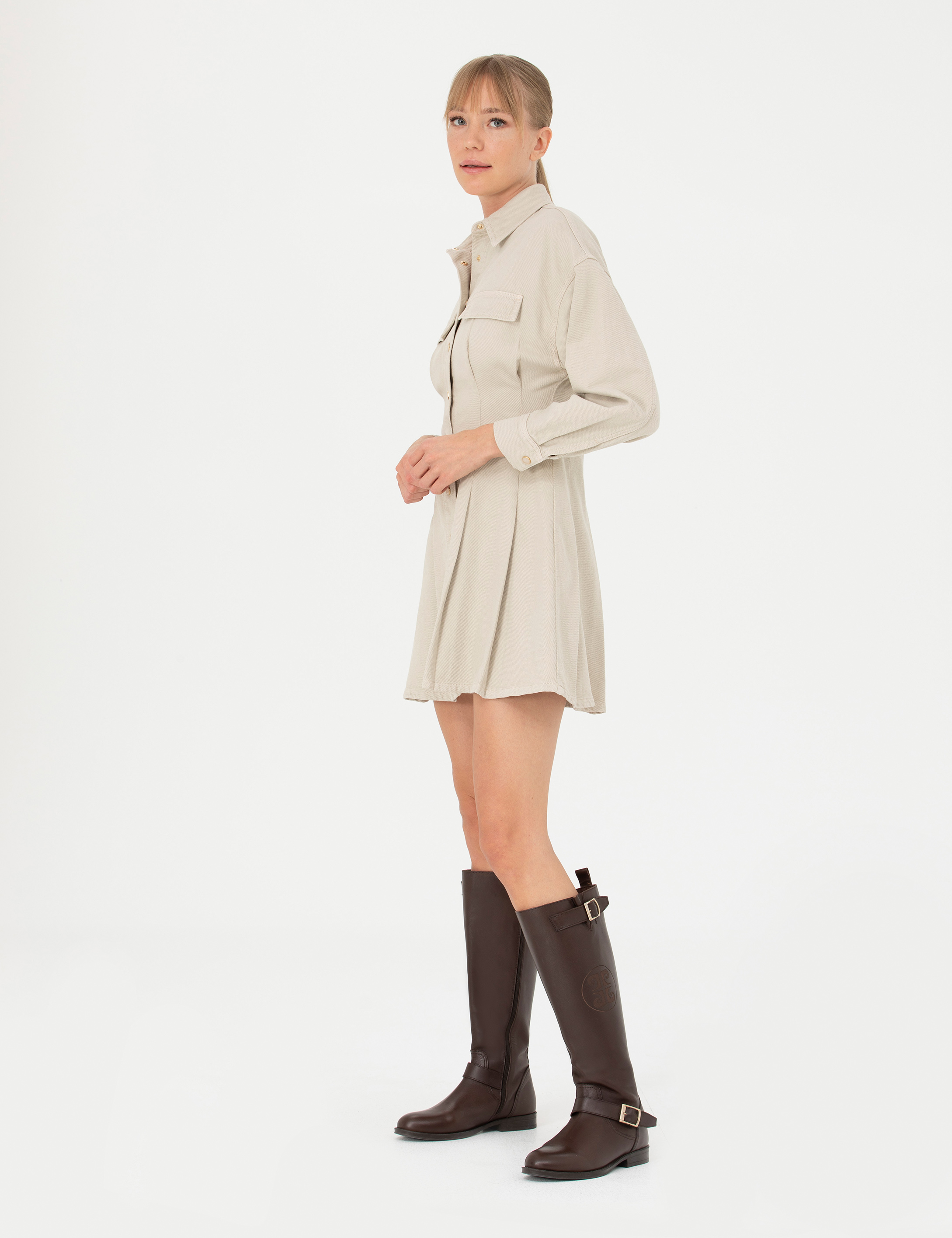 Pierre Cardin Bej A Kesim Dokuma Elbise görsel 2