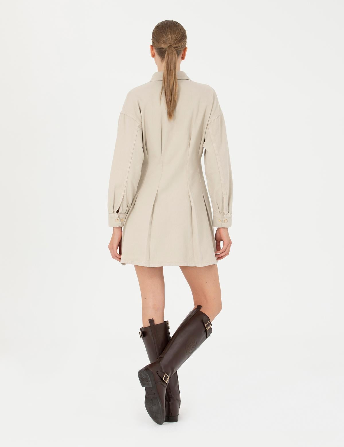 Bej A Kesim Dokuma Elbise - 50279886004