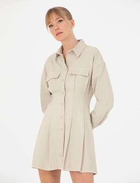 Bej A Kesim Dokuma Elbise - 50279886004