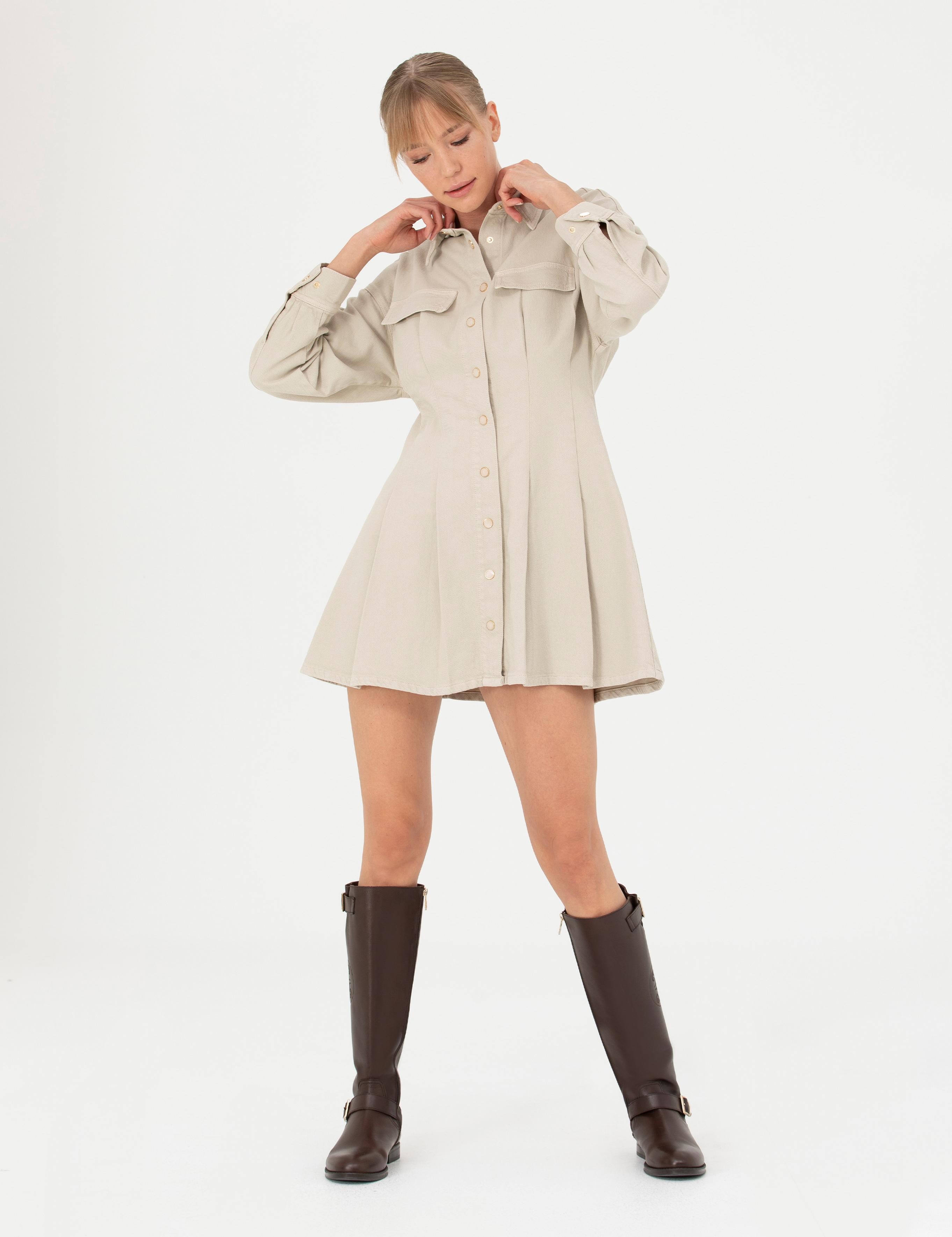 Bej A Kesim Dokuma Elbise