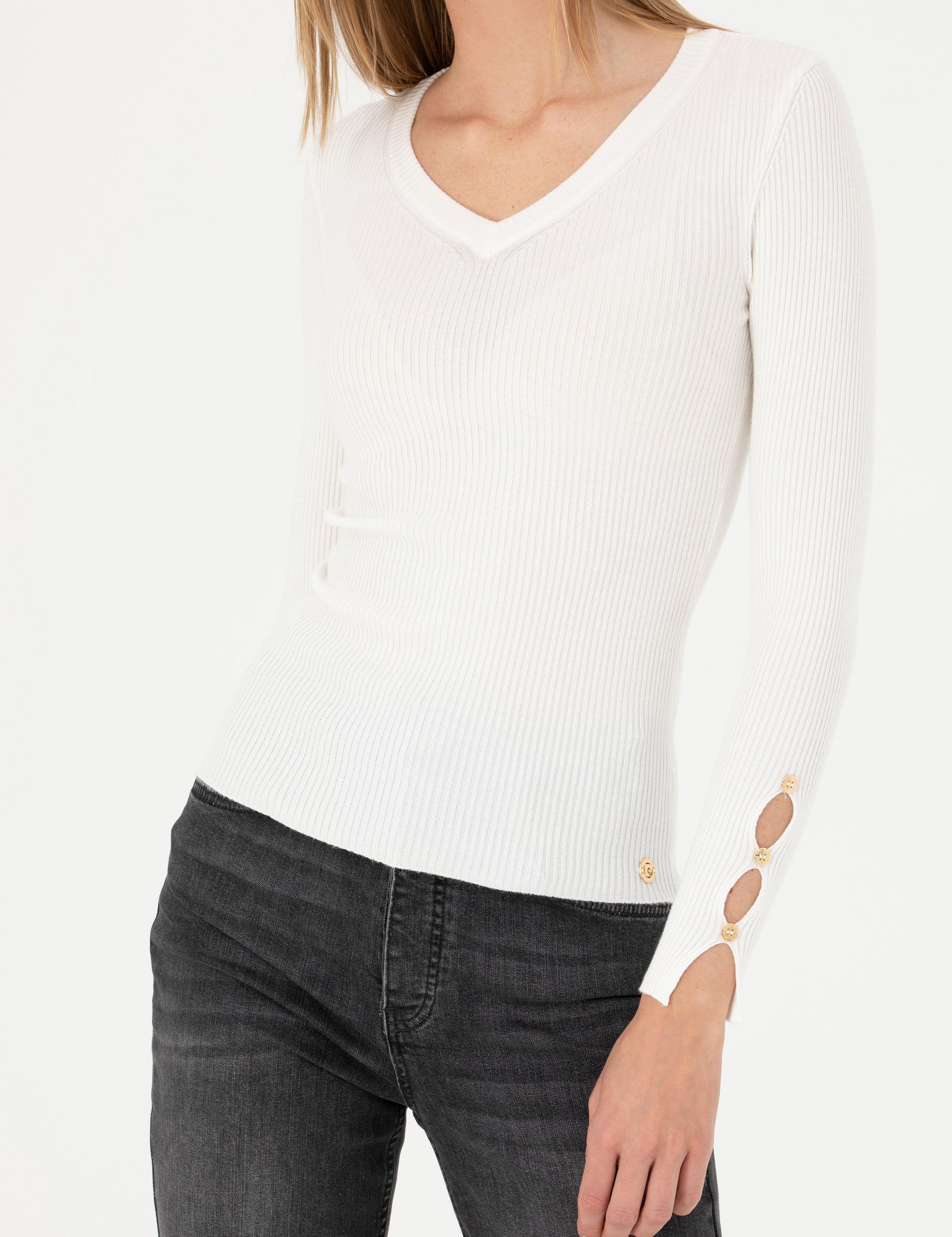 Ekru Ex Slim Fit V Yaka Kazak