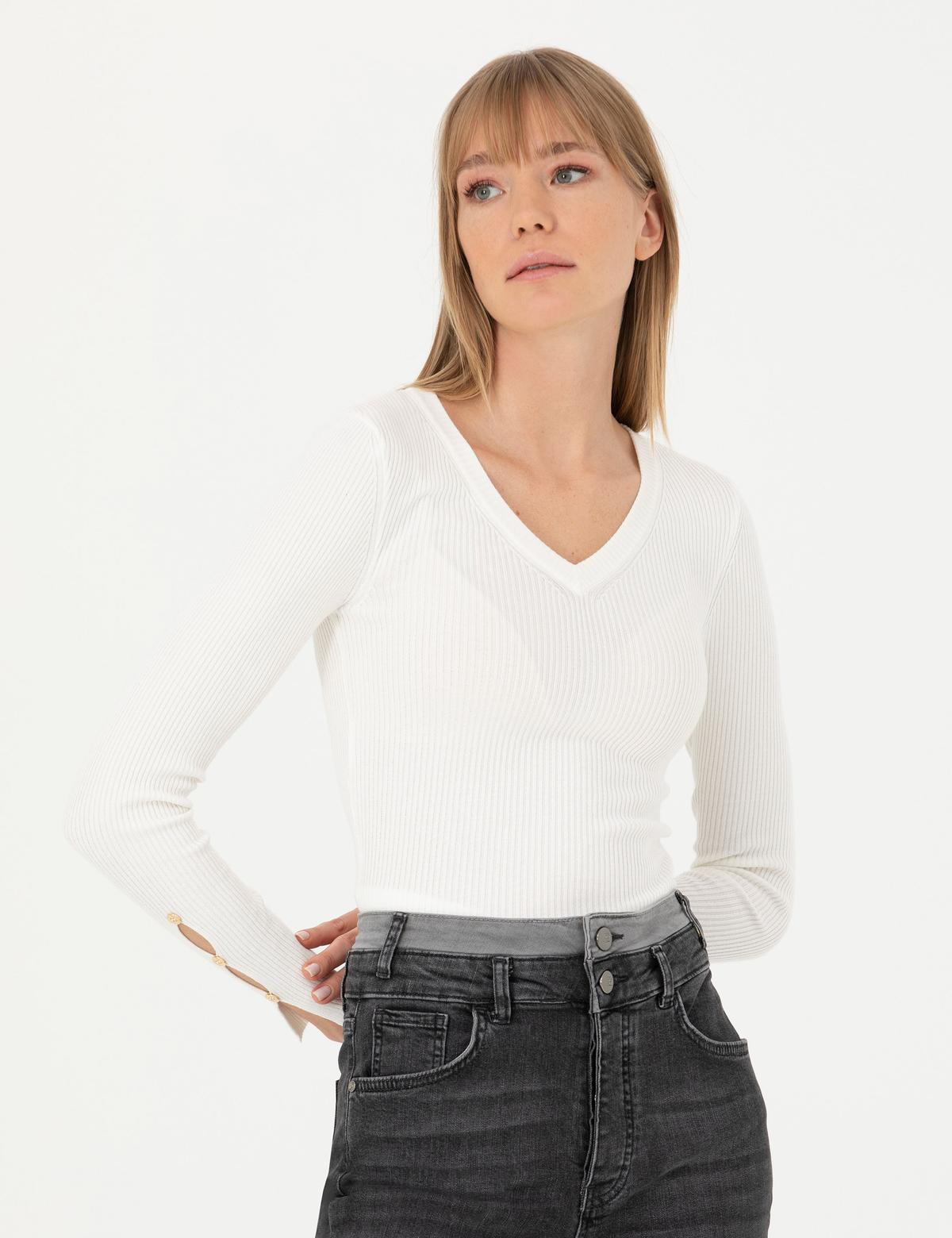 Ekru Ex Slim Fit V Yaka Kazak - 50276197054