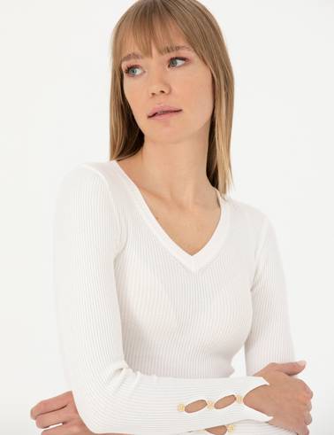 Ekru Ex Slim Fit V Yaka Kazak