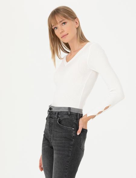 Ekru Ex Slim Fit V Yaka Kazak - 50276197054