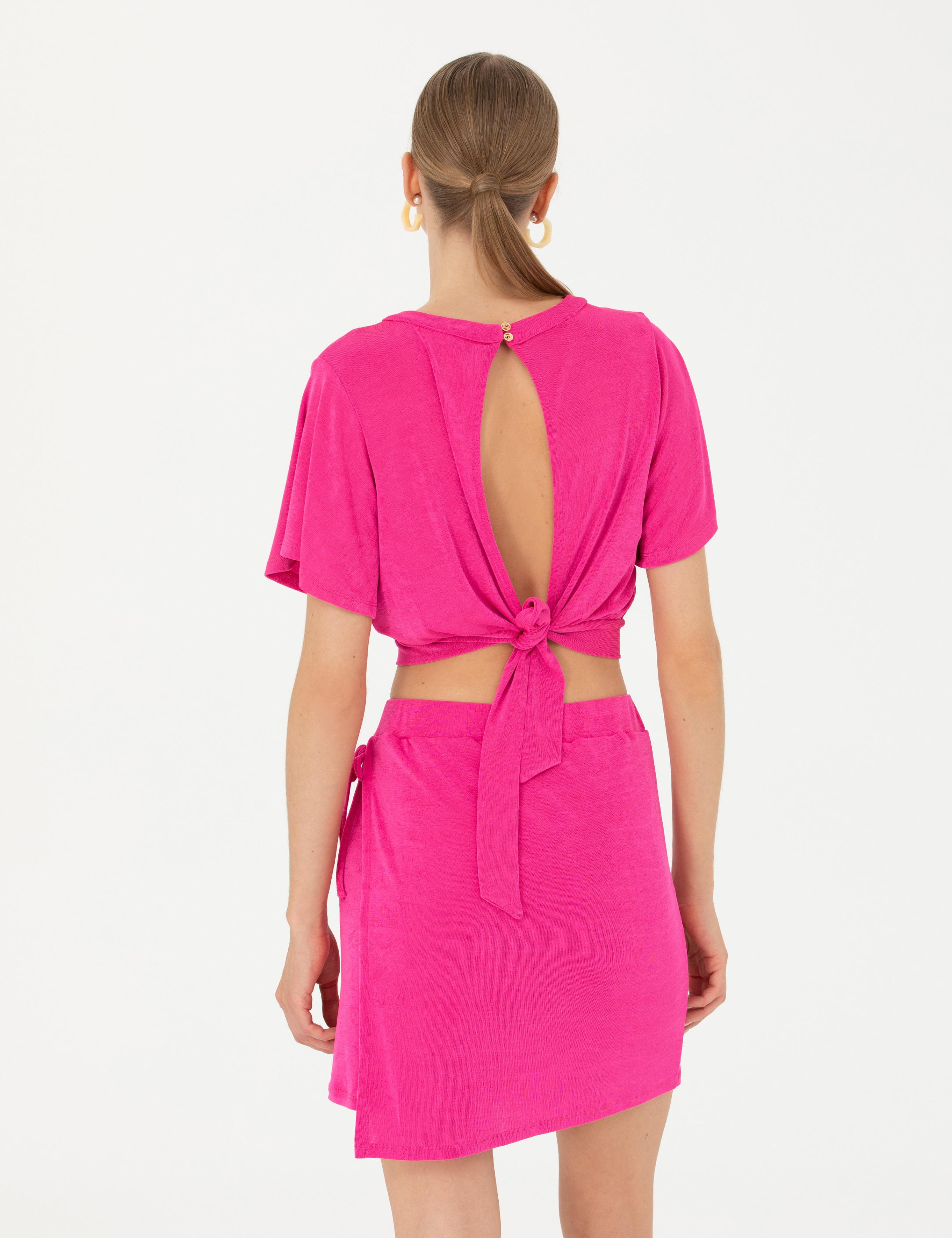 Fuşya Crop Top Örme Bluz