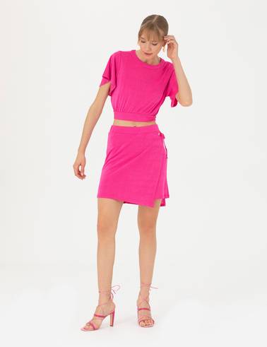 Fuşya Crop Top Örme Bluz