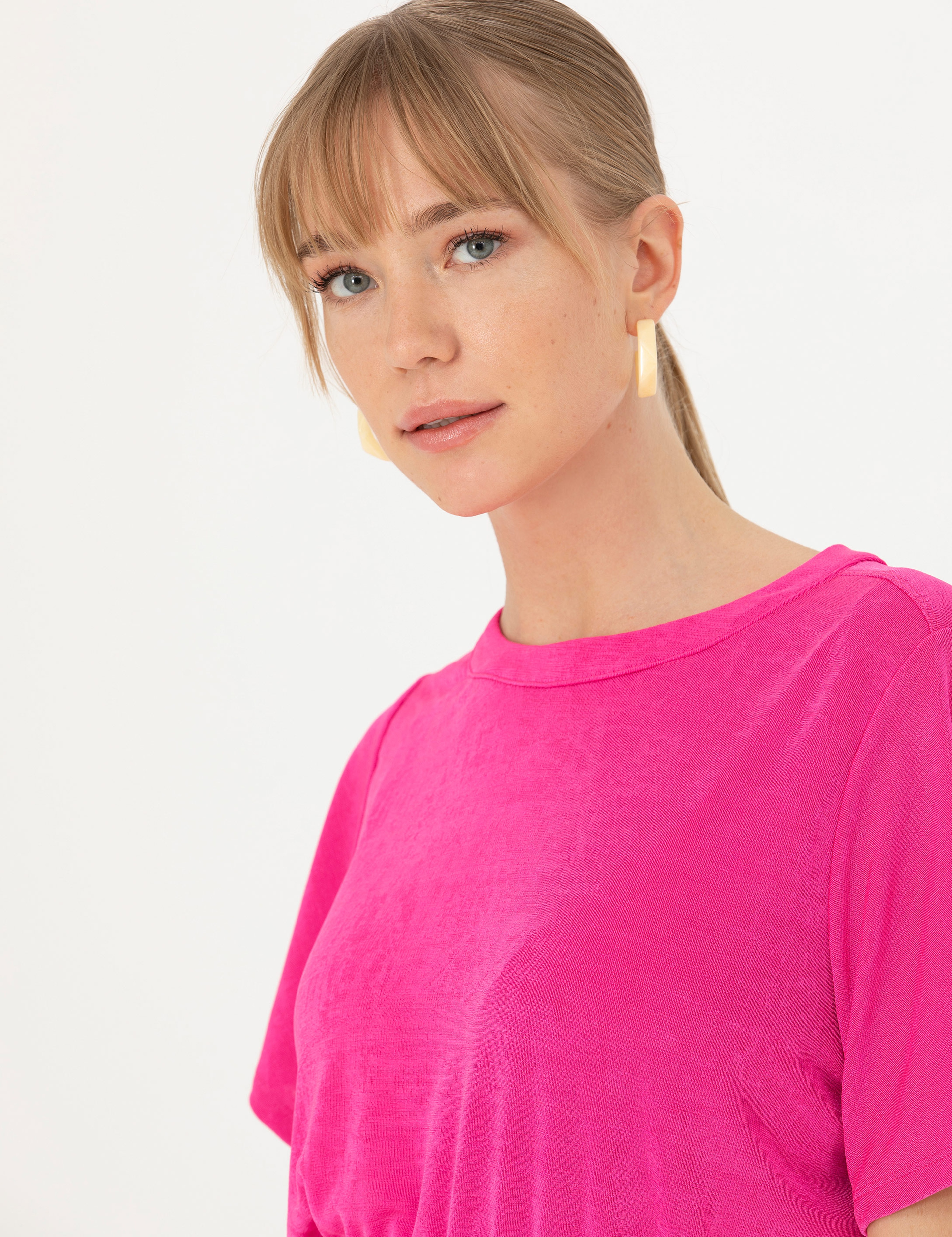Fuşya Crop Top Örme Bluz - Image 2